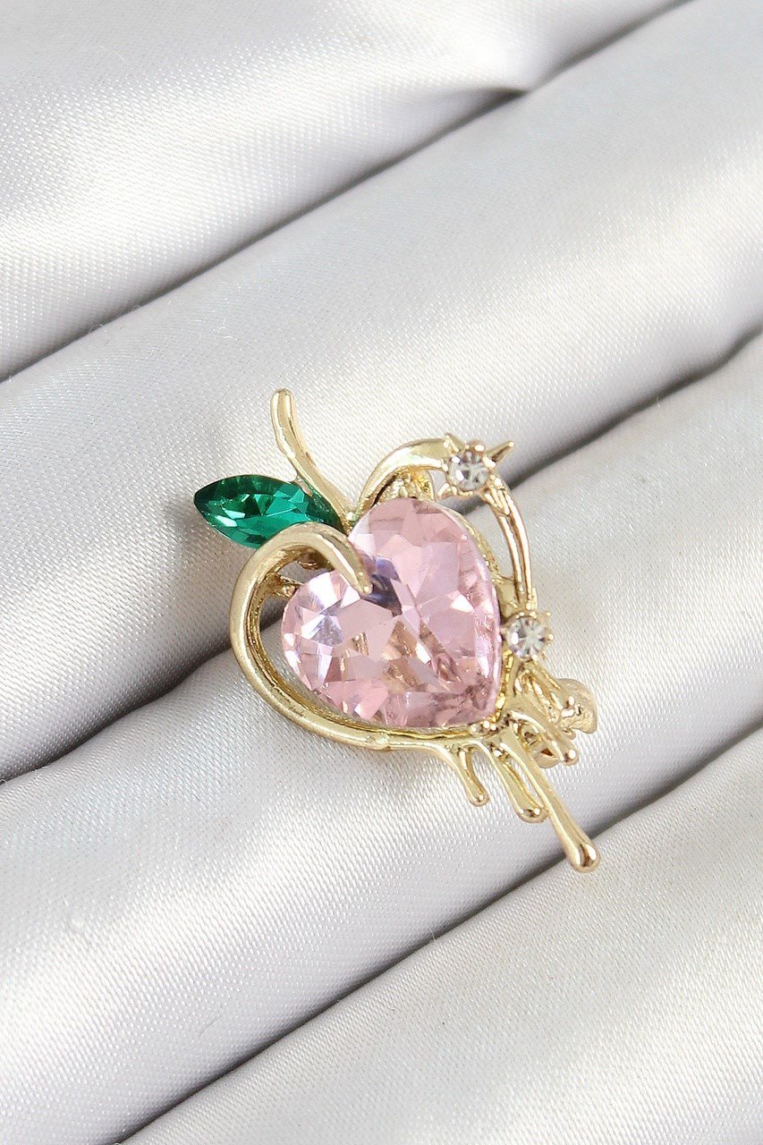 Pembe Ve Yeşil Zirkon Taşlı 3d Eriyen Kalp Figürlü Gold Renk Kadın Broş Altın - Kırmızı