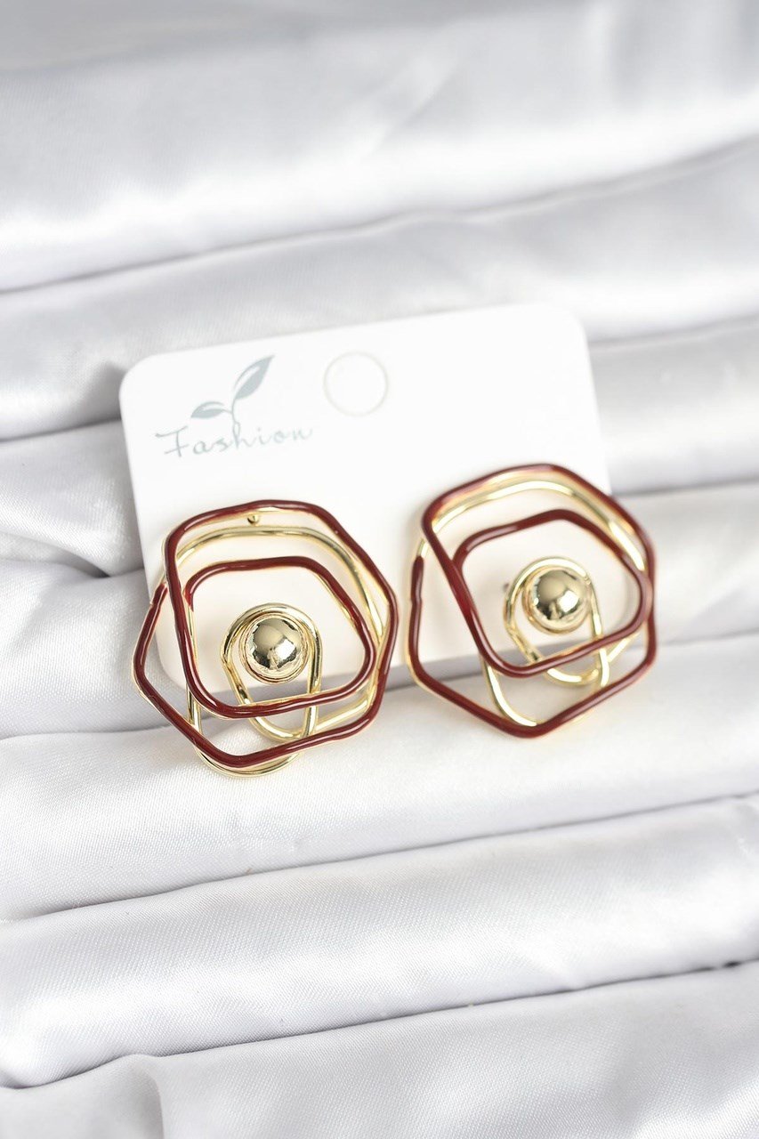 Pirinç Gold Renk Bordo Mineli Geometrik Gül Model Kadın Küpe Diğer