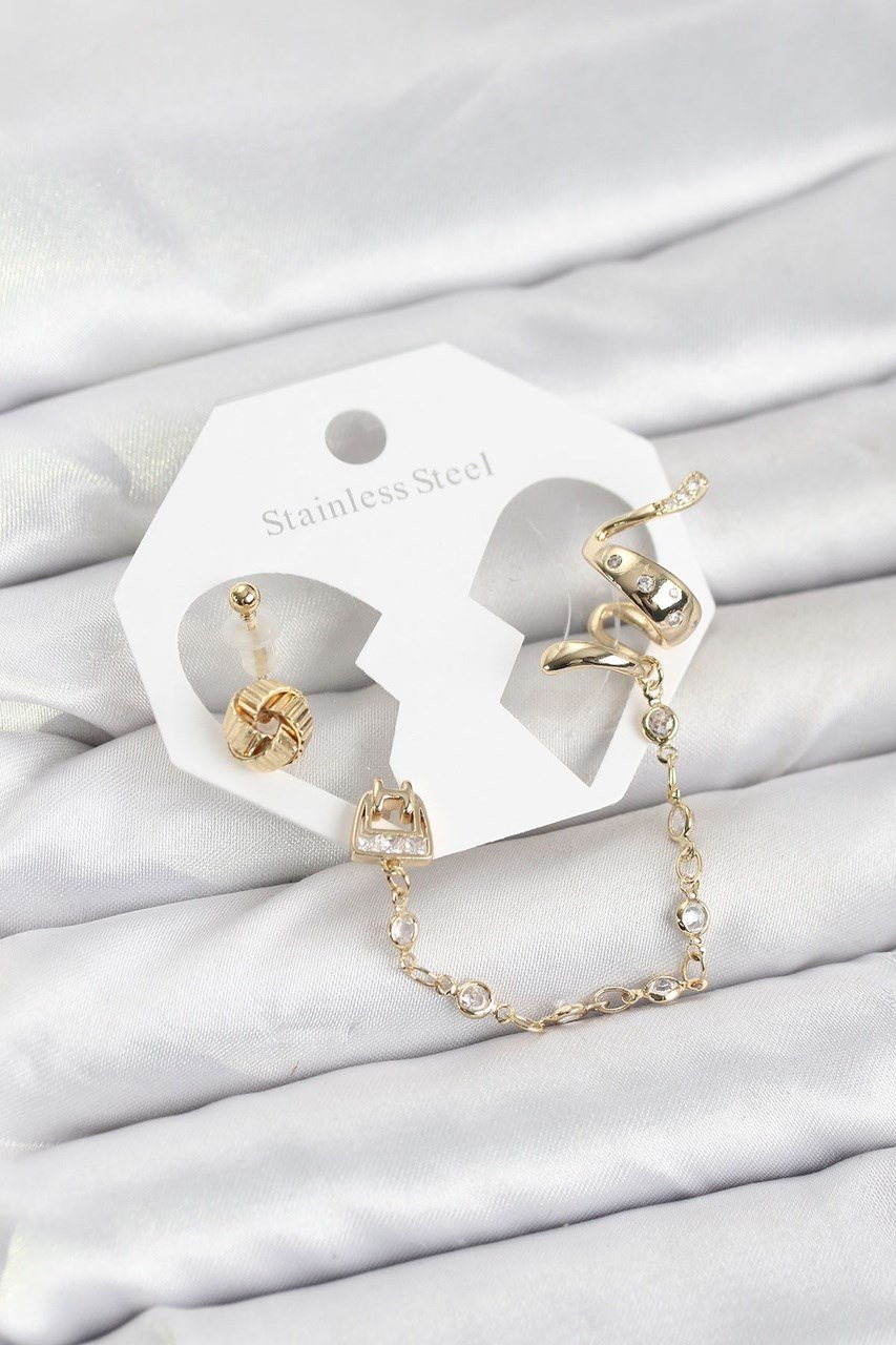 Pirinç Gold Renk Yılan Model Zincir Bağlantılı Ear Cuff Küpe Seti Diğer
