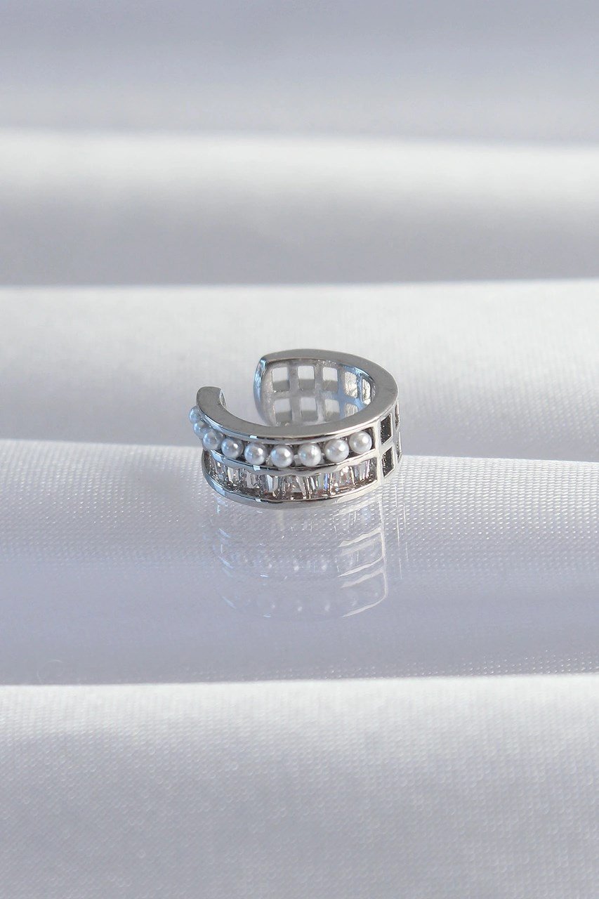 Pirinç Gümüş Renk İncili Baget Taşlı Earcuff Küpe Diğer