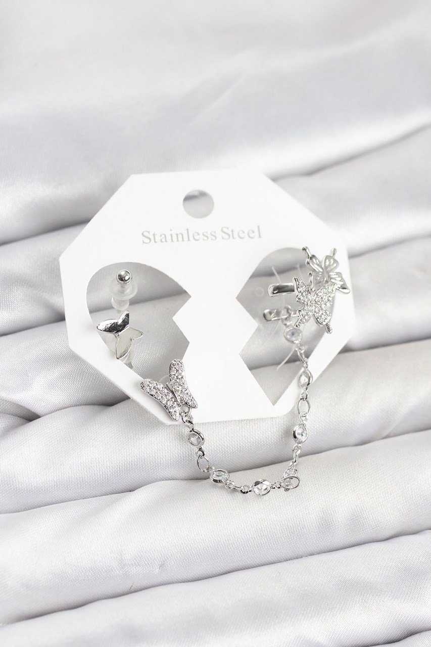 Pirinç Gümüş Renk Kelebek Model Zincir Bağlantılı Ear Cuff Küpe Seti Diğer