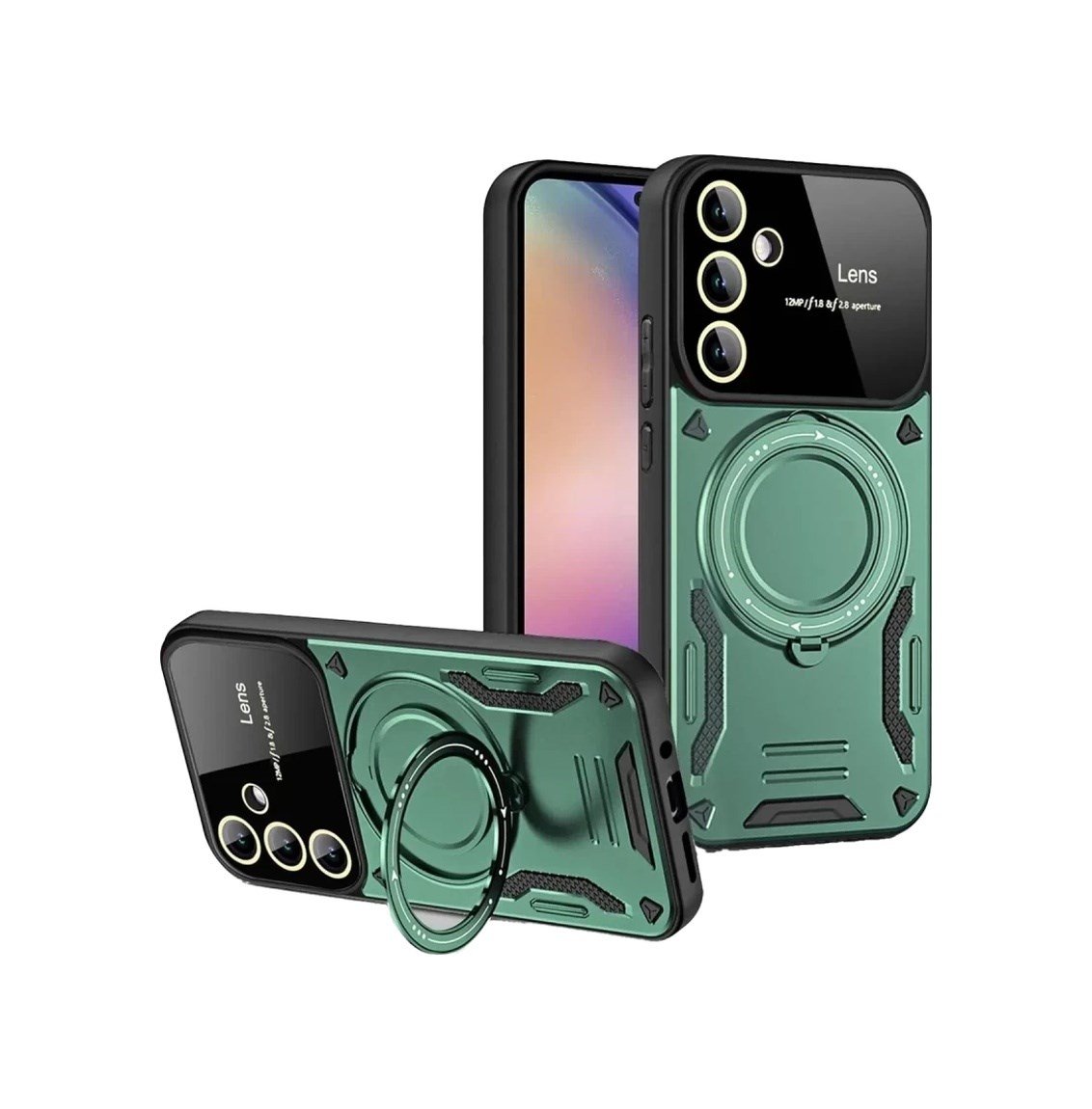 Samsung Galaxy S24 Fe Uyumlu Kılıf Joy Lens Standlı Kapak - Koyu Yeşil Belirtilmemiş