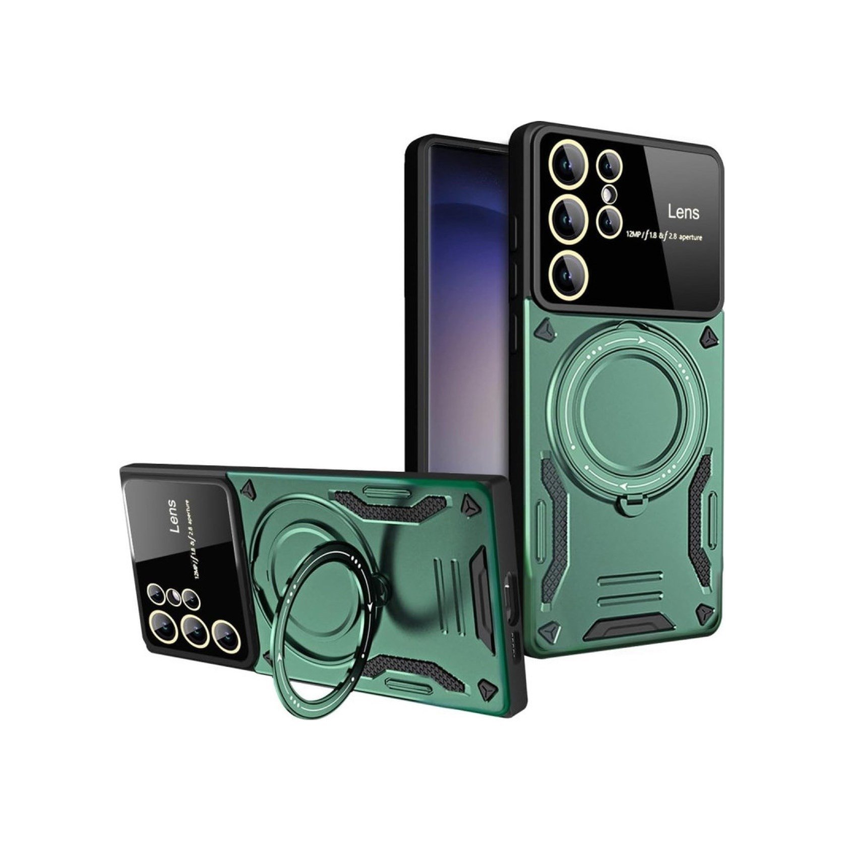 Samsung Galaxy S24 Ultra Uyumlu Kılıf Joy Lens Standlı Kapak - Koyu Yeşil Belirtilmemiş