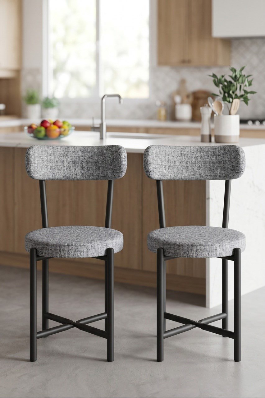 Sandalye 2 Adet Keten Kumaş Metal Ayak Modern Mutfak Sandalyesi Cafe Balkon Ofis Teddy 9812 Gri Çok Renkli