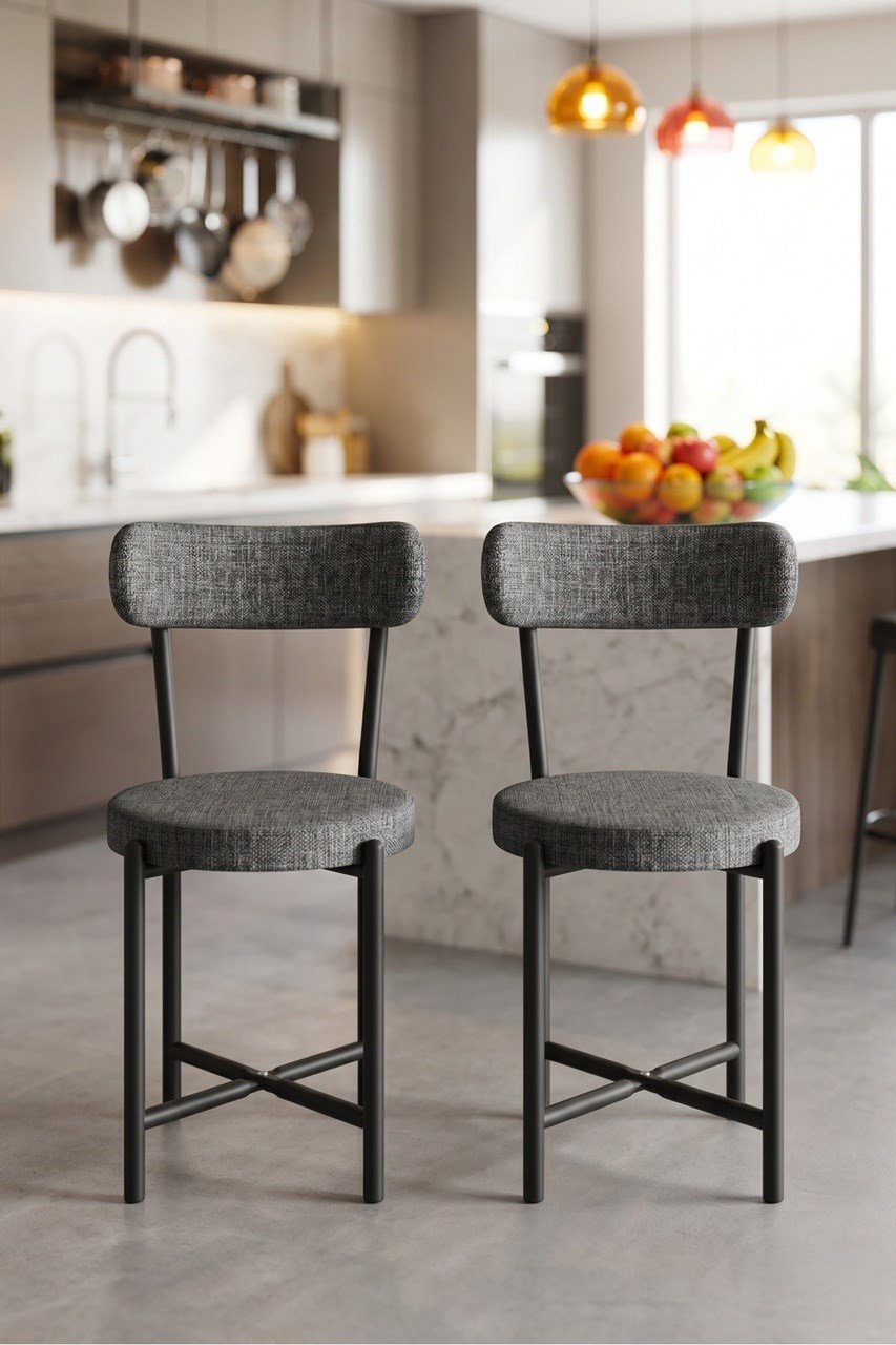 Sandalye 2 Adet Keten Kumaş Metal Ayak Modern Mutfak Sandalyesi Cafe Balkon Ofis Teddy 9813 Antrasit Çok Renkli