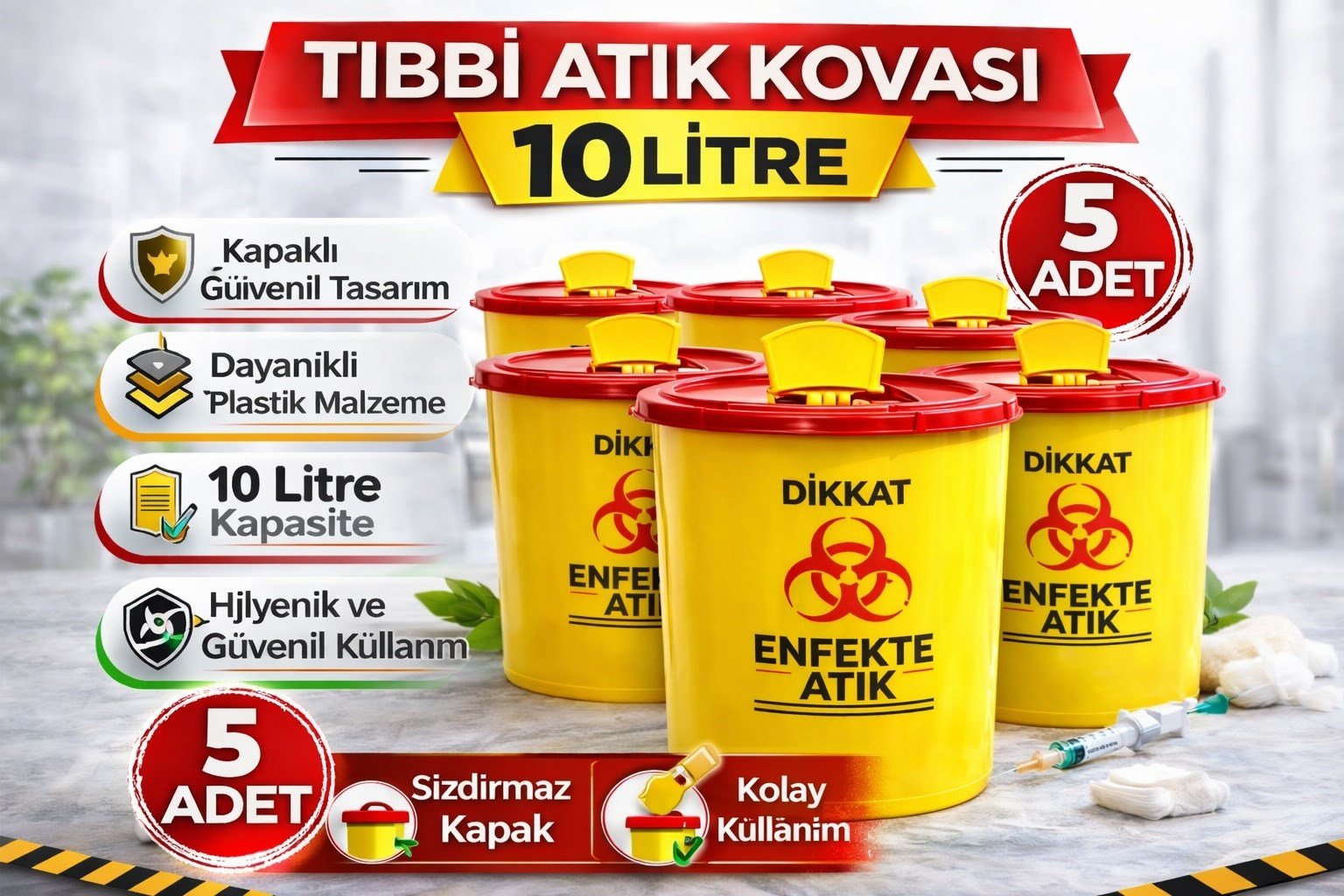 Tıbbi Atık Kovası 10 Litre 5 Adet Kapaklı Tıbbi Atık Kutusu Enfekte Atık Kovası Seti Siyah