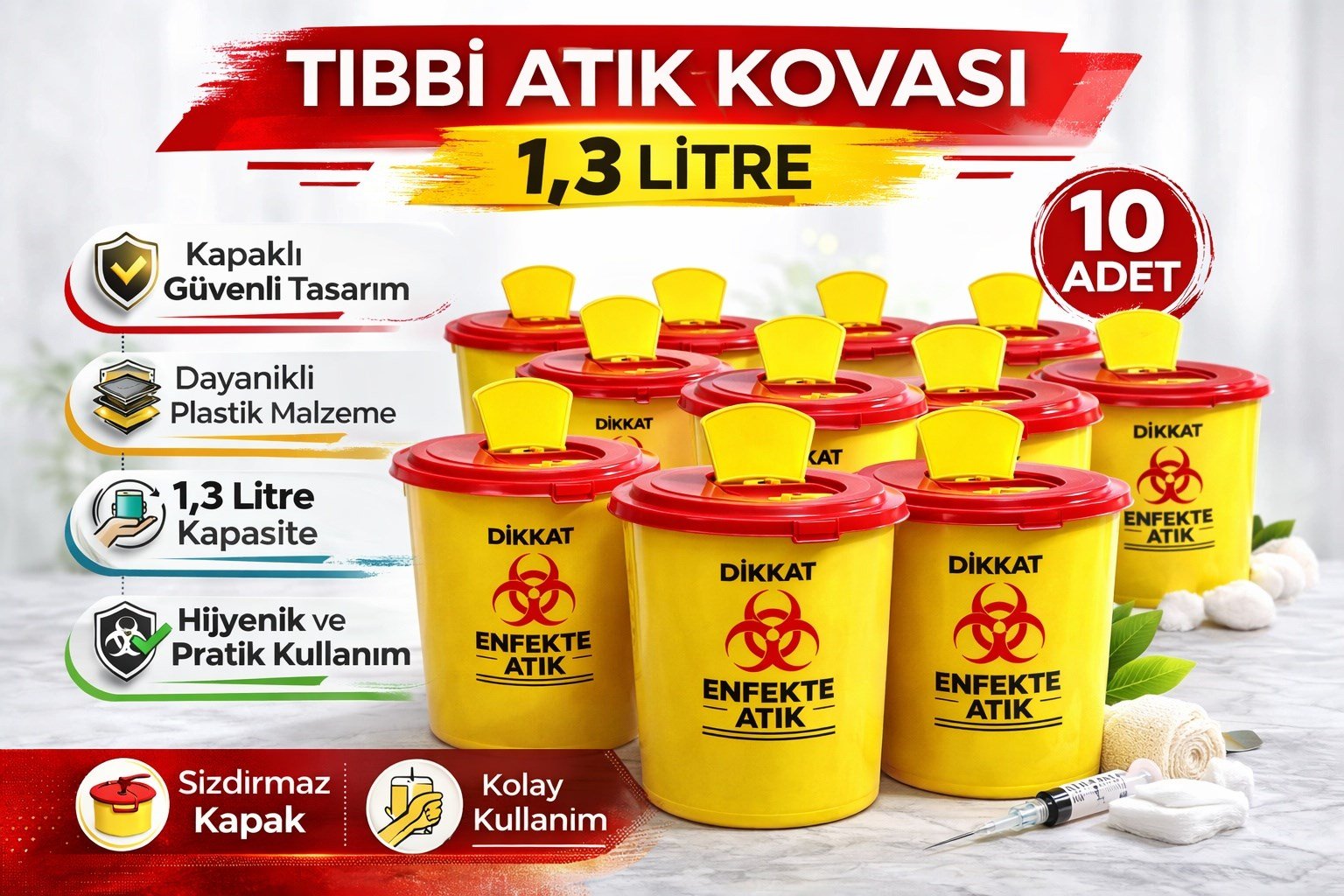 Tıbbi Atık Kovası 1,3 Litre 10 Adet Kapaklı Tıbbi Atık Kutusu Enfekte Atık Kovası Seti Siyah