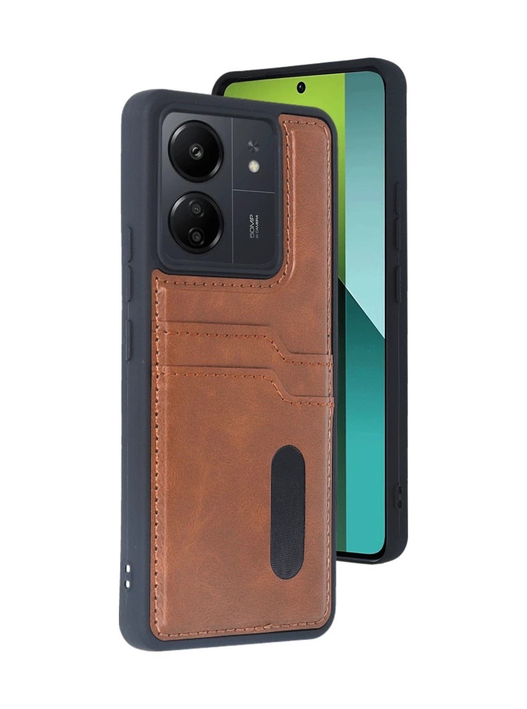Xiaomi Redmi 13c Uyumlu Kılıf Sara Kartvizitli Deri Kılıf - Taba Belirtilmemiş
