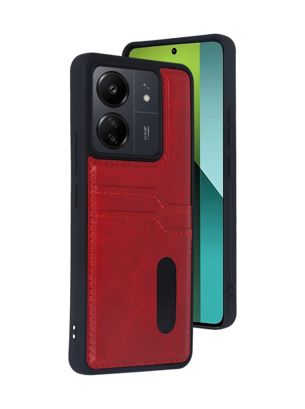 Xiaomi Redmi 13c Uyumlu Kılıf Sara Kartvizitli Deri Kılıf - Kırmızı Belirtilmemiş