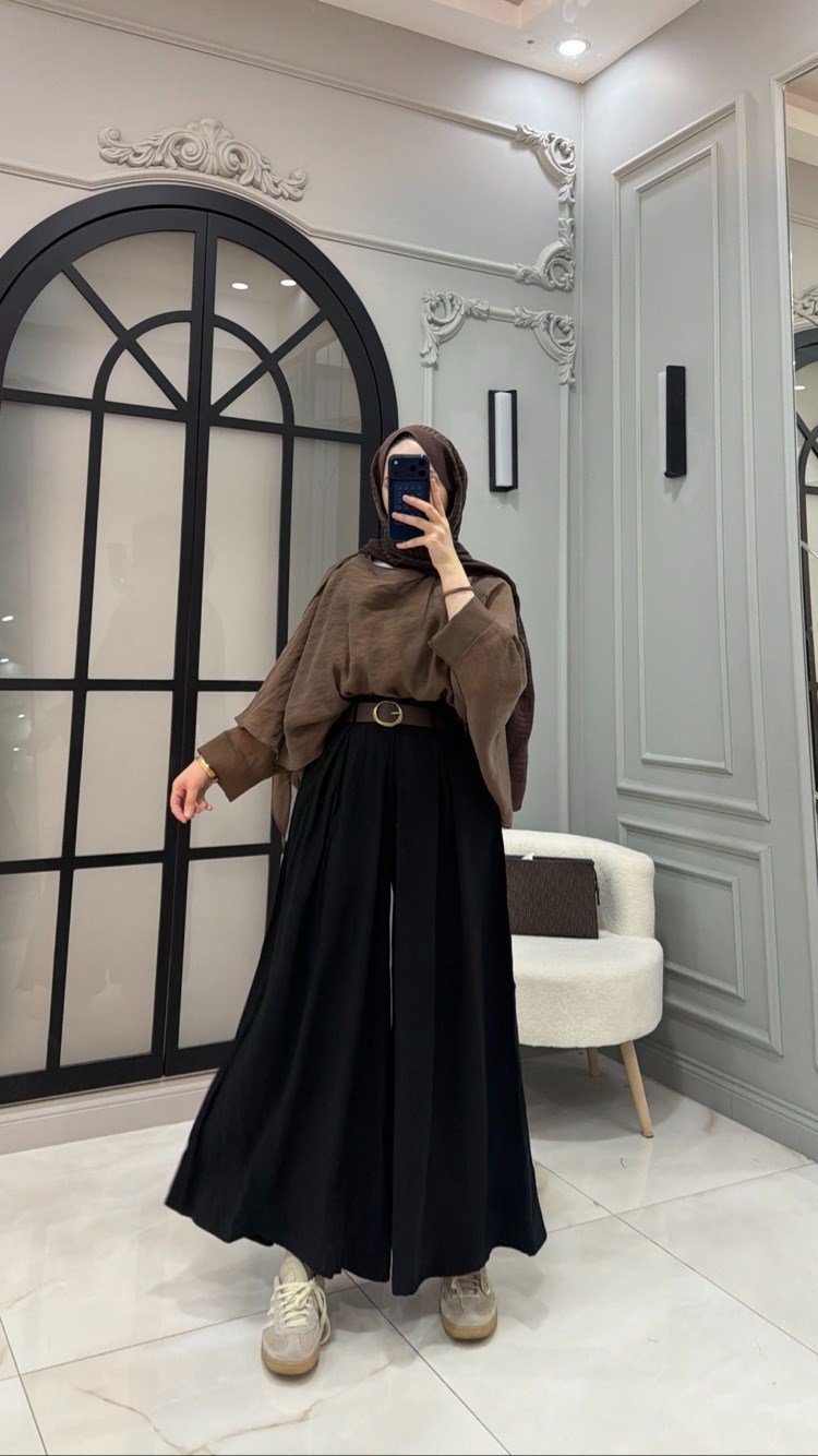 Kemerli Etek Pantolon | Siyah