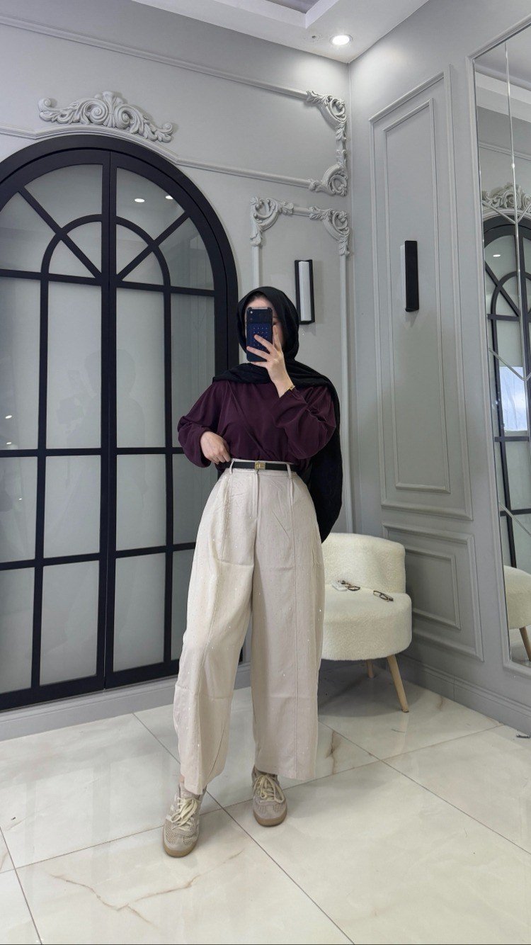 Shine Taşlı Pantolon | Bej
