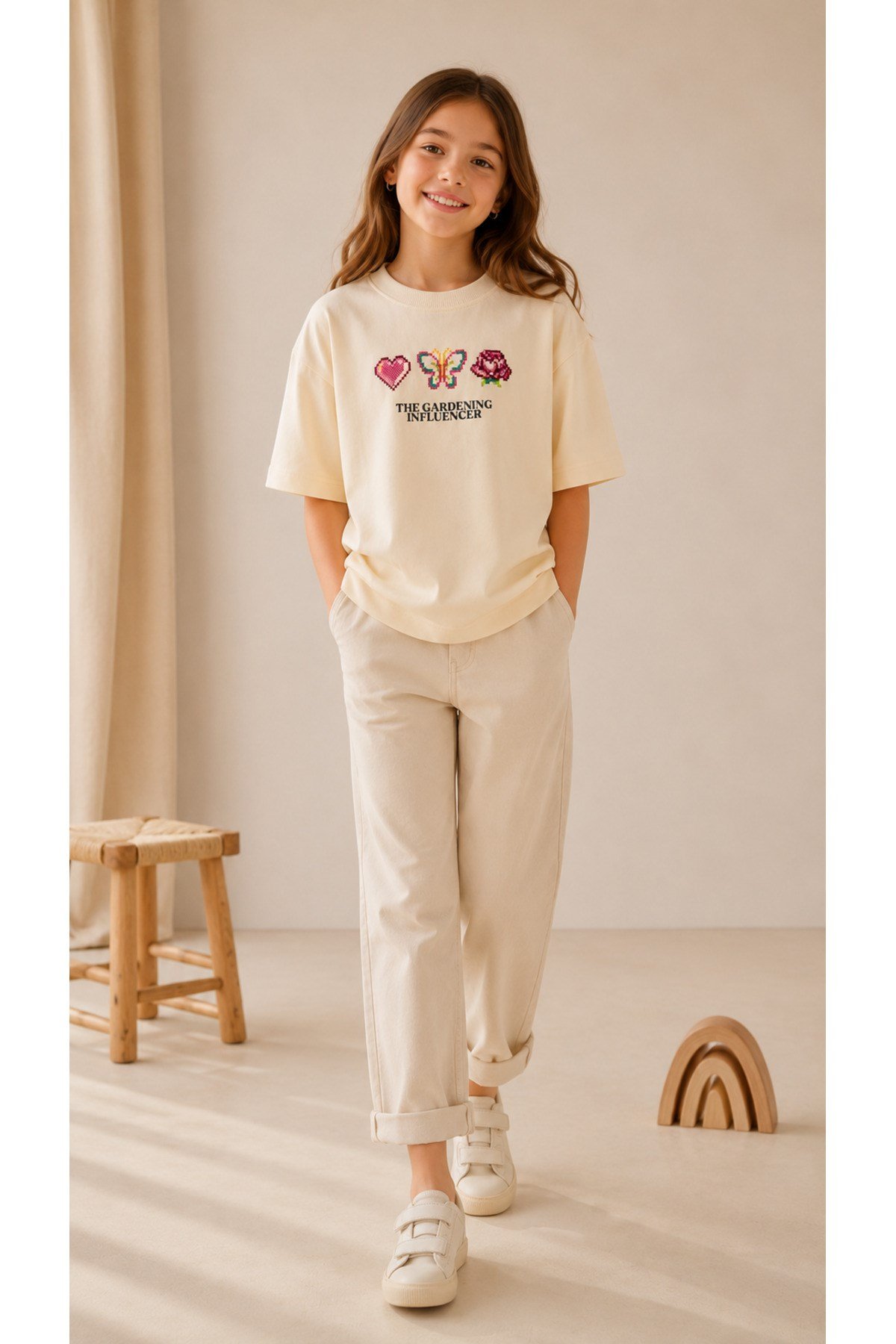 Kız Çocuk Nakış Detaylı Oversize Tişört – Ekru