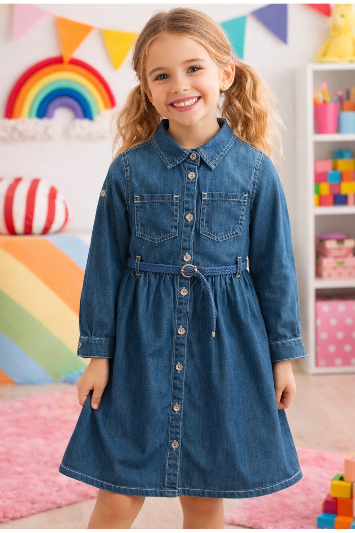 Milo+Sol Kız Çocuk %100 Pamuk Denim Düğmeli Kemerli Elbise