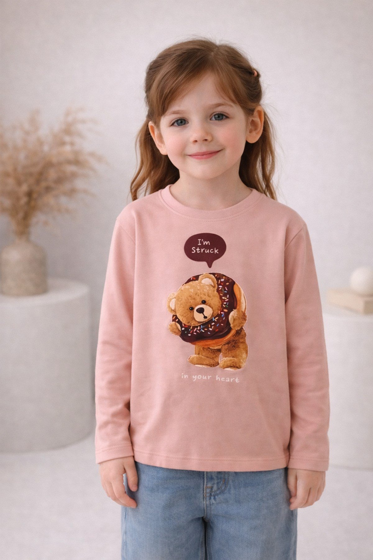 Milo+Sol Pembe Ayıcıklı Basic Kız Çocuk Sweatshirt %100 Pamuk (3–4 Yaş)