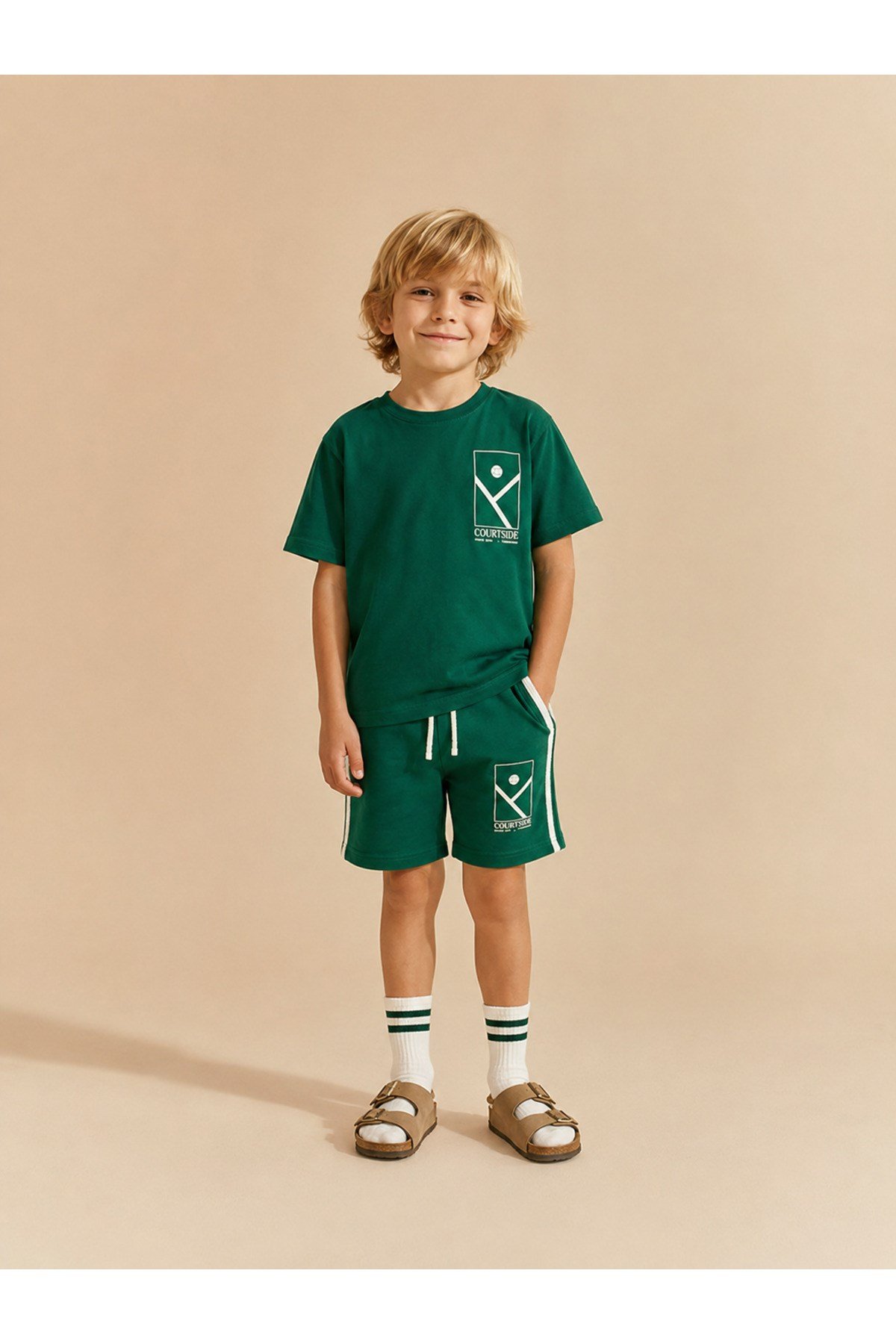 Milo+Sol SS26 Courtside %100 Pamuk Oversize Erkek Çocuk Şort Takım – Koyu Yeşil