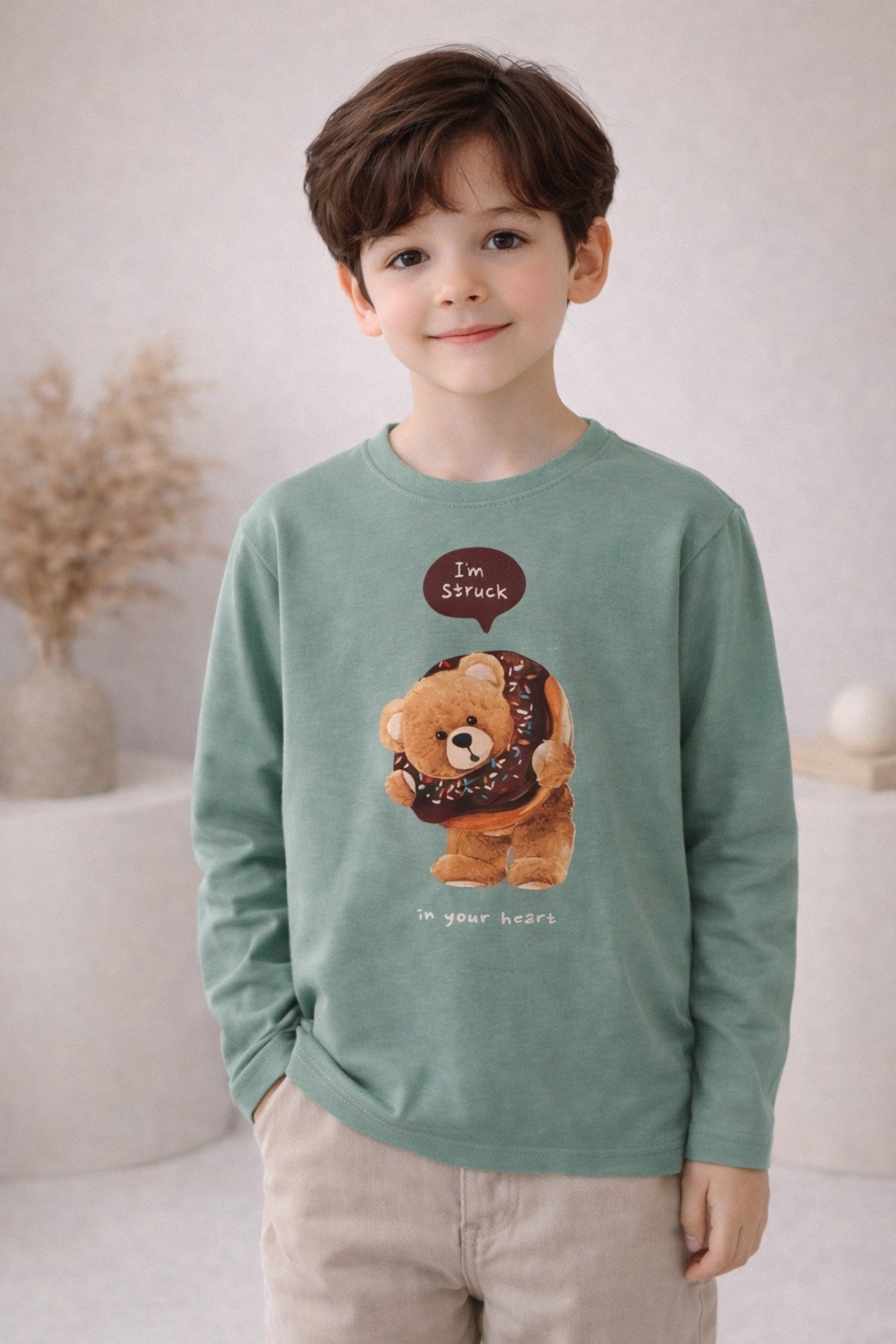 Milo+Sol Yeşil Ayıcıklı Basic Çocuk Sweatshirt %100 Pamuk
