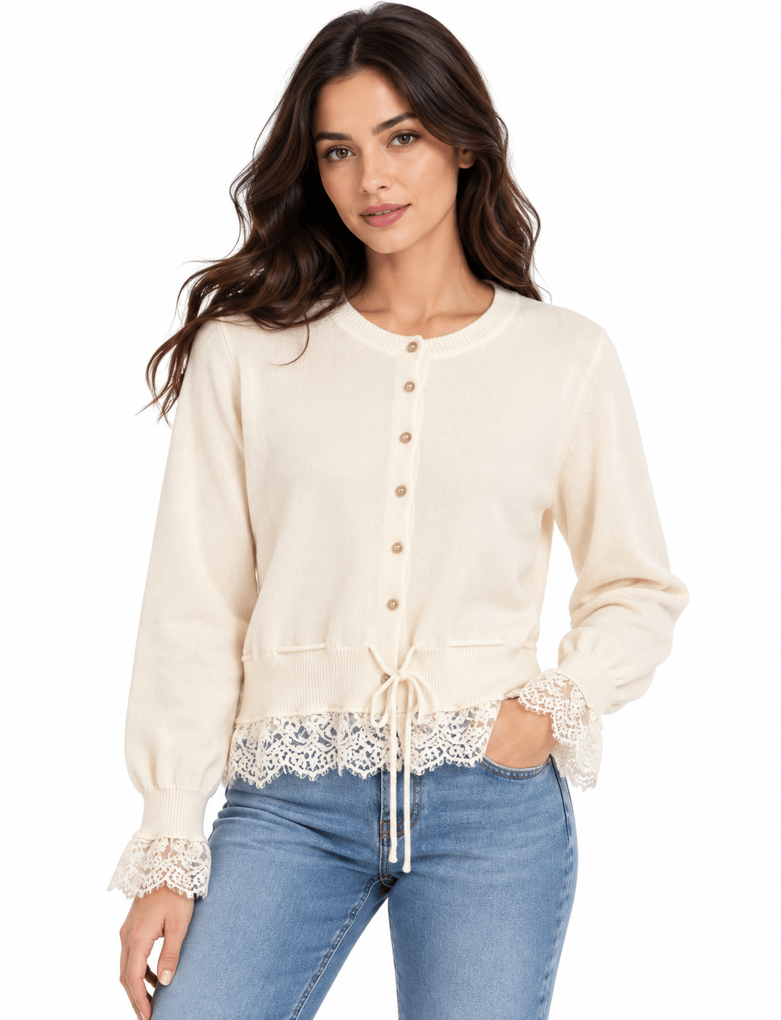 EKRU DANTEL DETAYLI BELİ İPLİ HIRKA