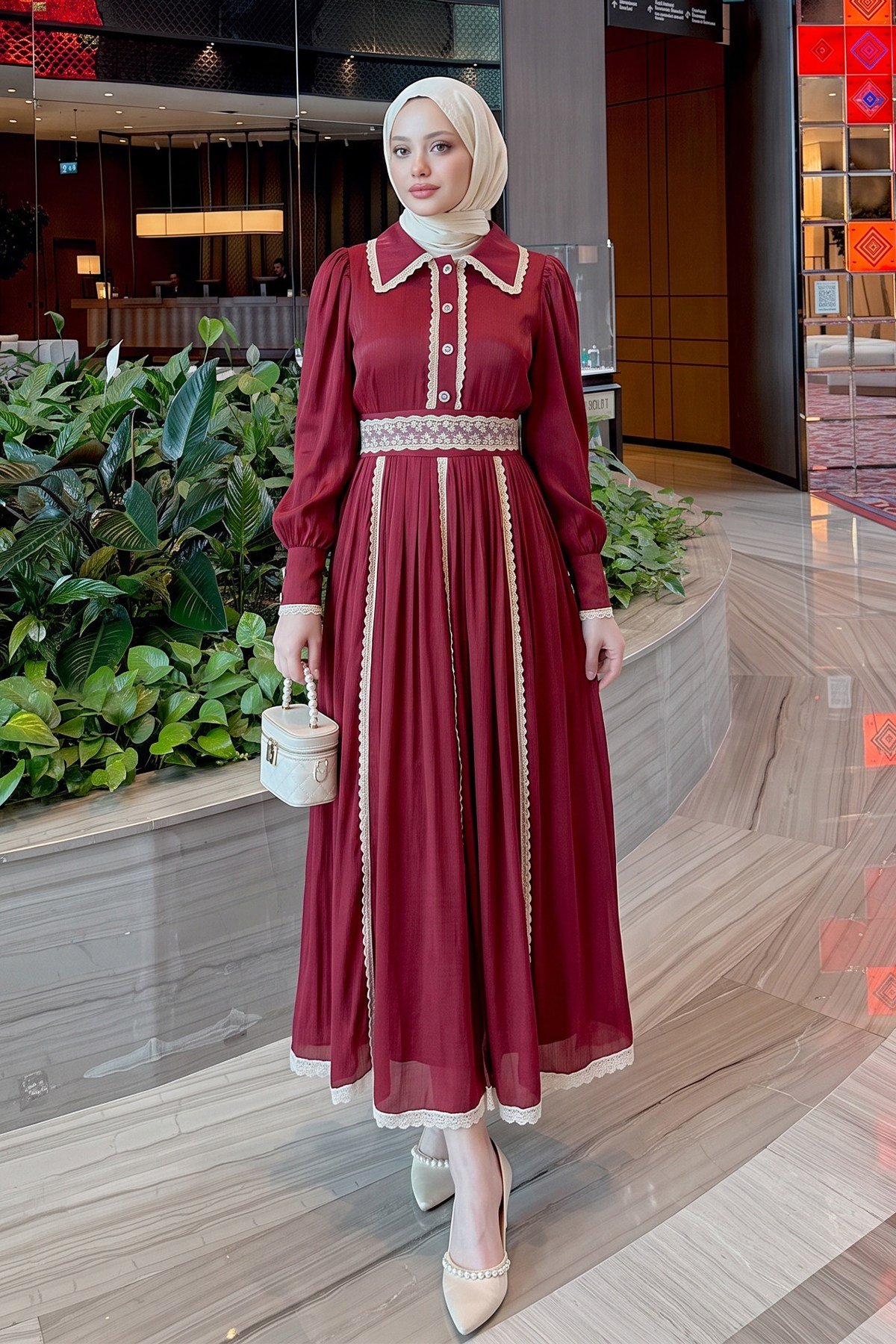 Dantel Detaylı Elbise - BORDO