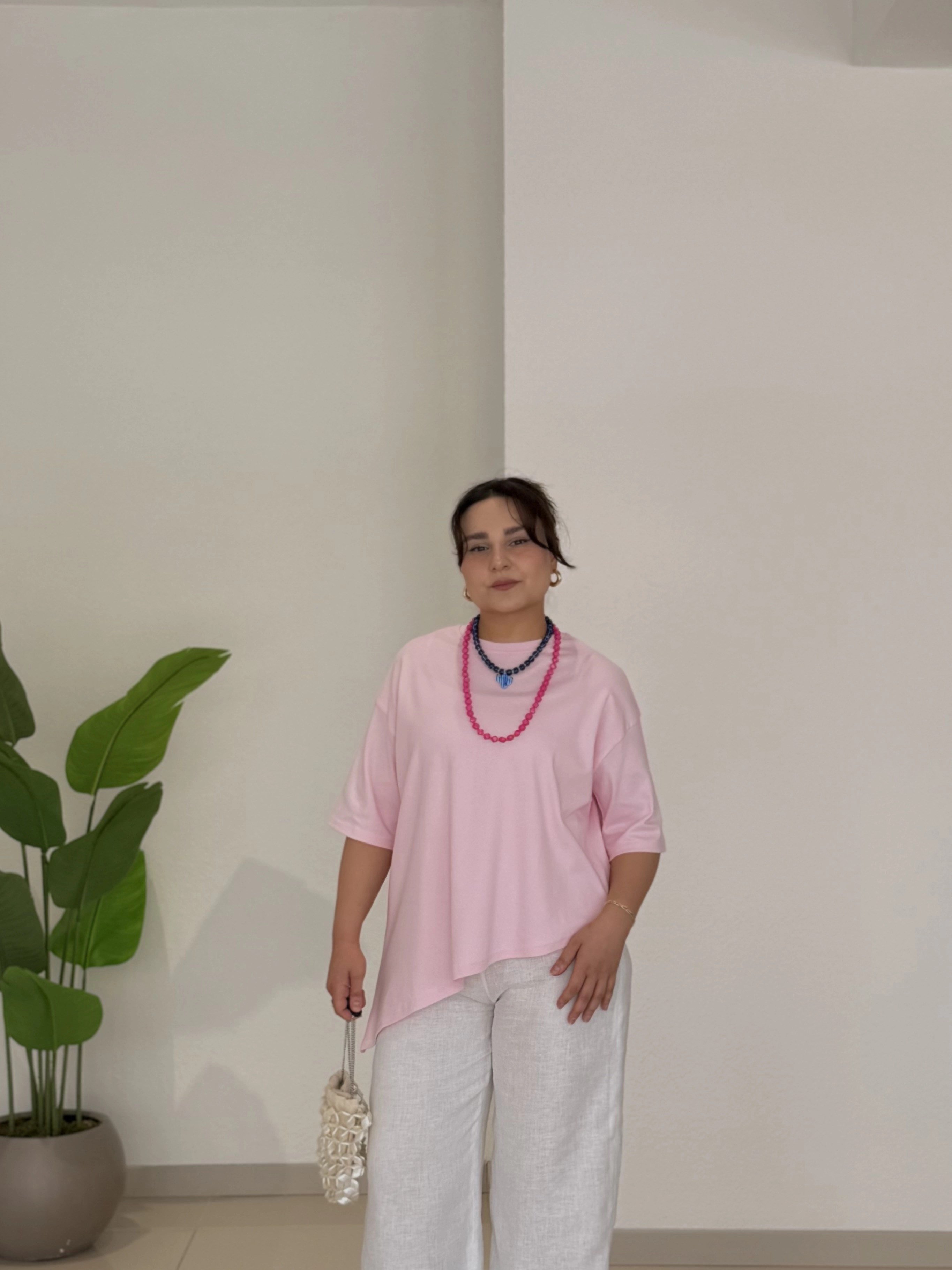 ASİMETRİK KESİM KISA KOLLU BLUZ - PEMBE