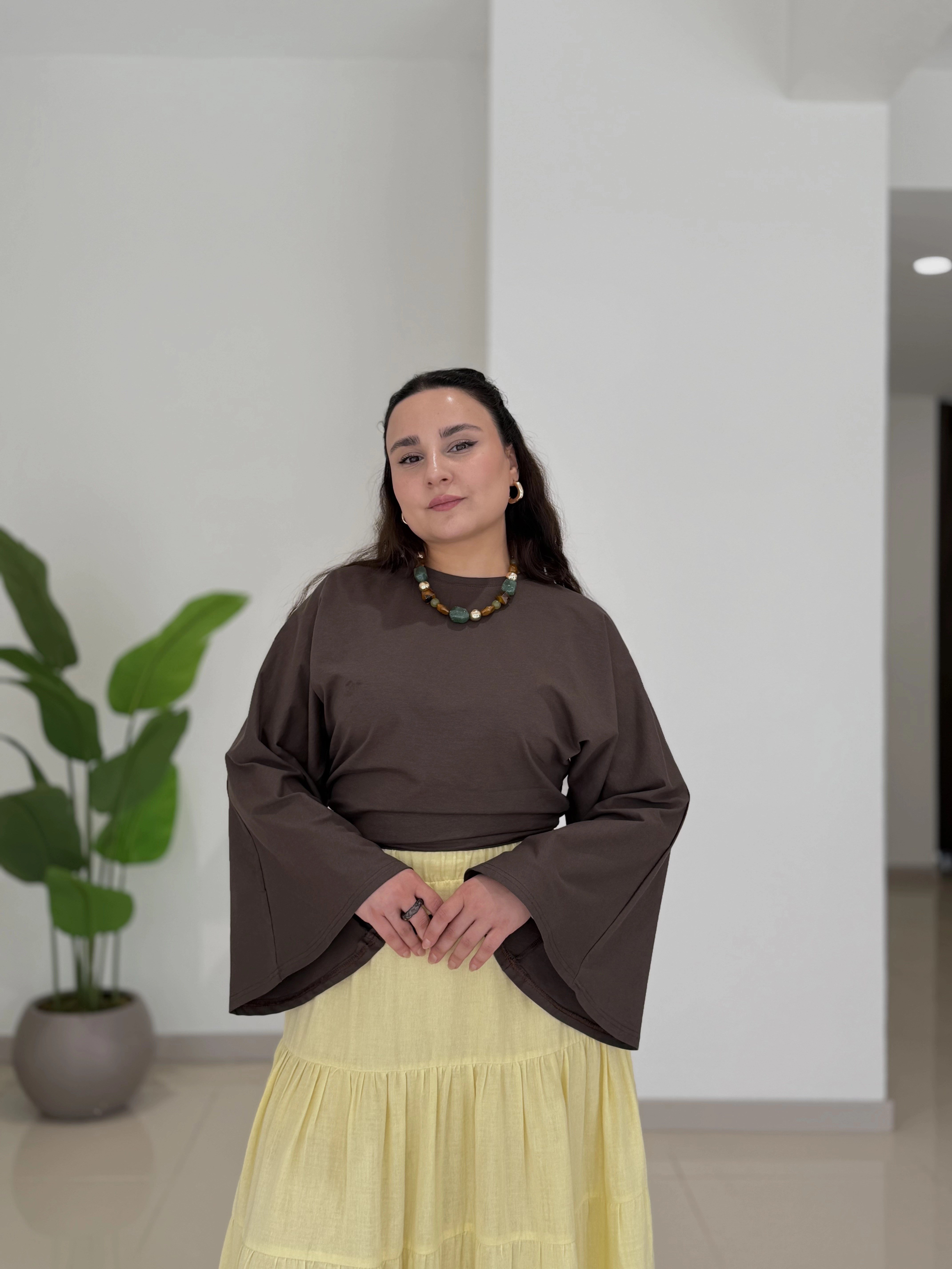 DRAPELİ YARASA KOLLU PAMUKLU BLUZ - SARI