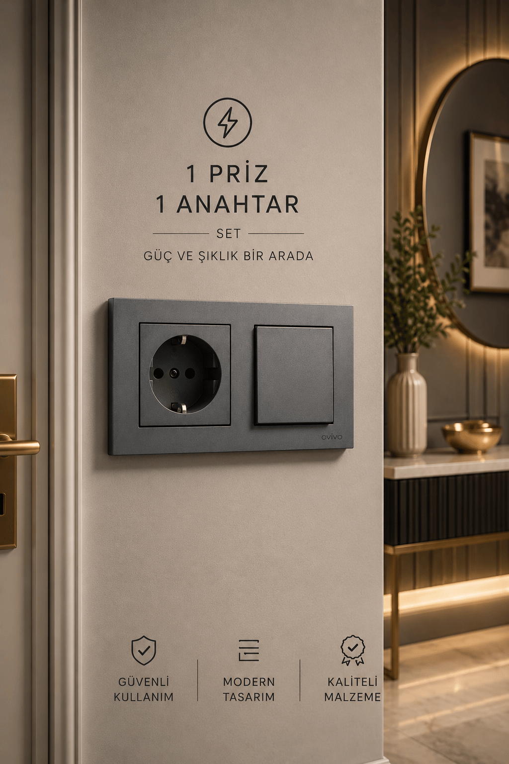  Ovivo Grano Füme Anahtar Topraklı Priz Seti