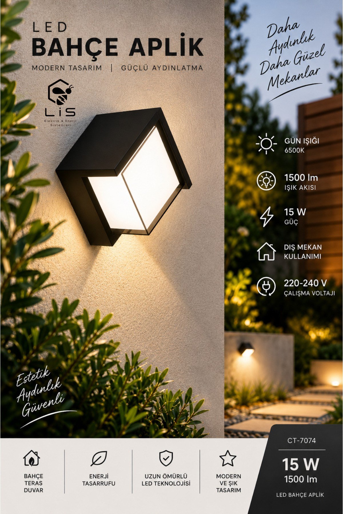 CT-7074 LED Bahçe Aplik 15W Gün Işığı 220-240V Modern Dış Mekan Duvar Aydınlatma