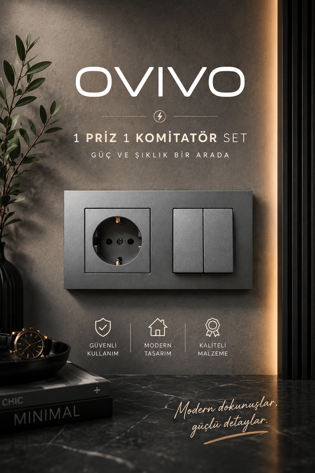 Ovivo Grano Füme Topraklı Priz ve Komitatör Anahtar Seti