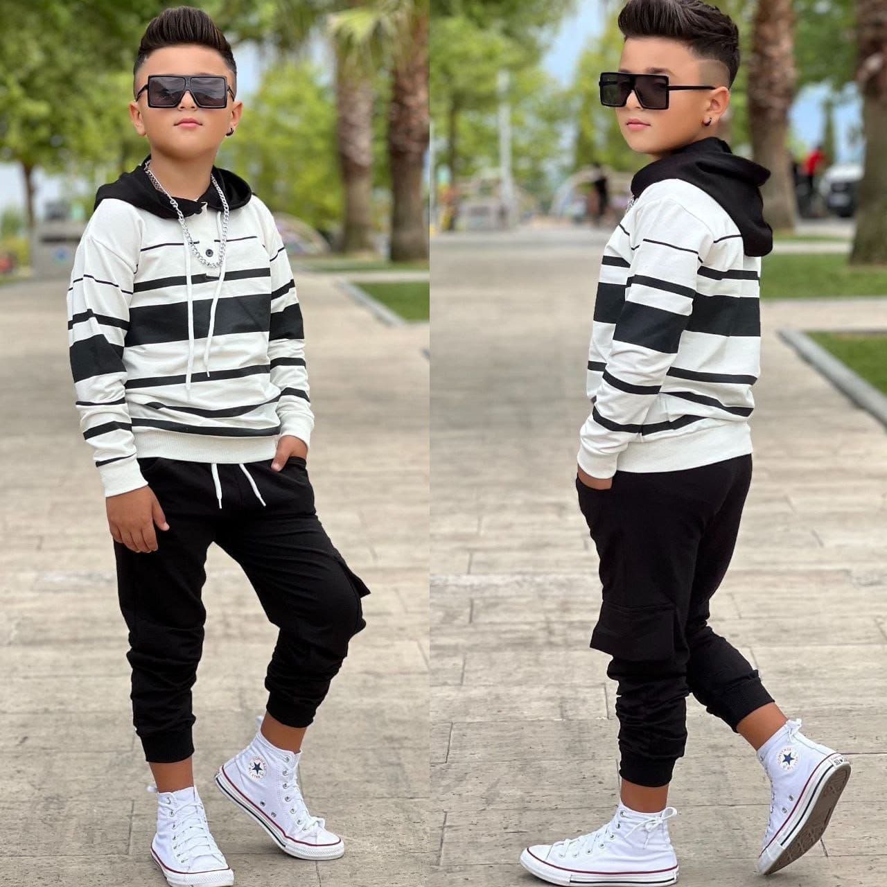 ERKEK ÇOCUK ÇİZGİLİ KAPÜŞONLU 2 İPLİK EŞOFMAN TAKIMI