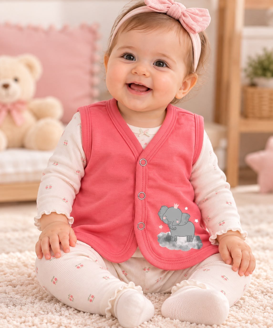 SEVİMLİ FİL BASKILI BEBEK YELEĞİ – %100 PAMUK PENYE