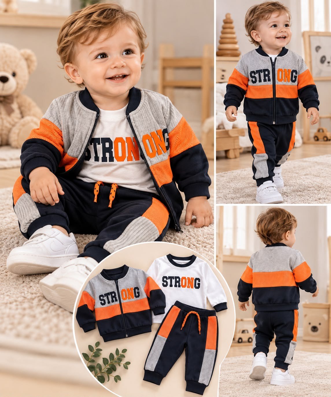 STRONG BASKILI NEON RENK DETAYLI 3 PARÇA ERKEK ÇOCUK TAKIMI
