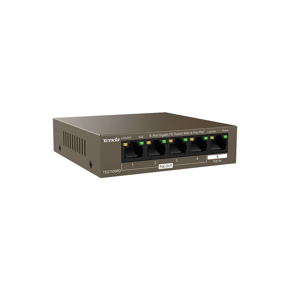 TENDA TEG1105PD 5 PORT 10/100/1000 1x PoE IN, 4x PoE OUT PoE PD SWITCH (Adaptörsüz)