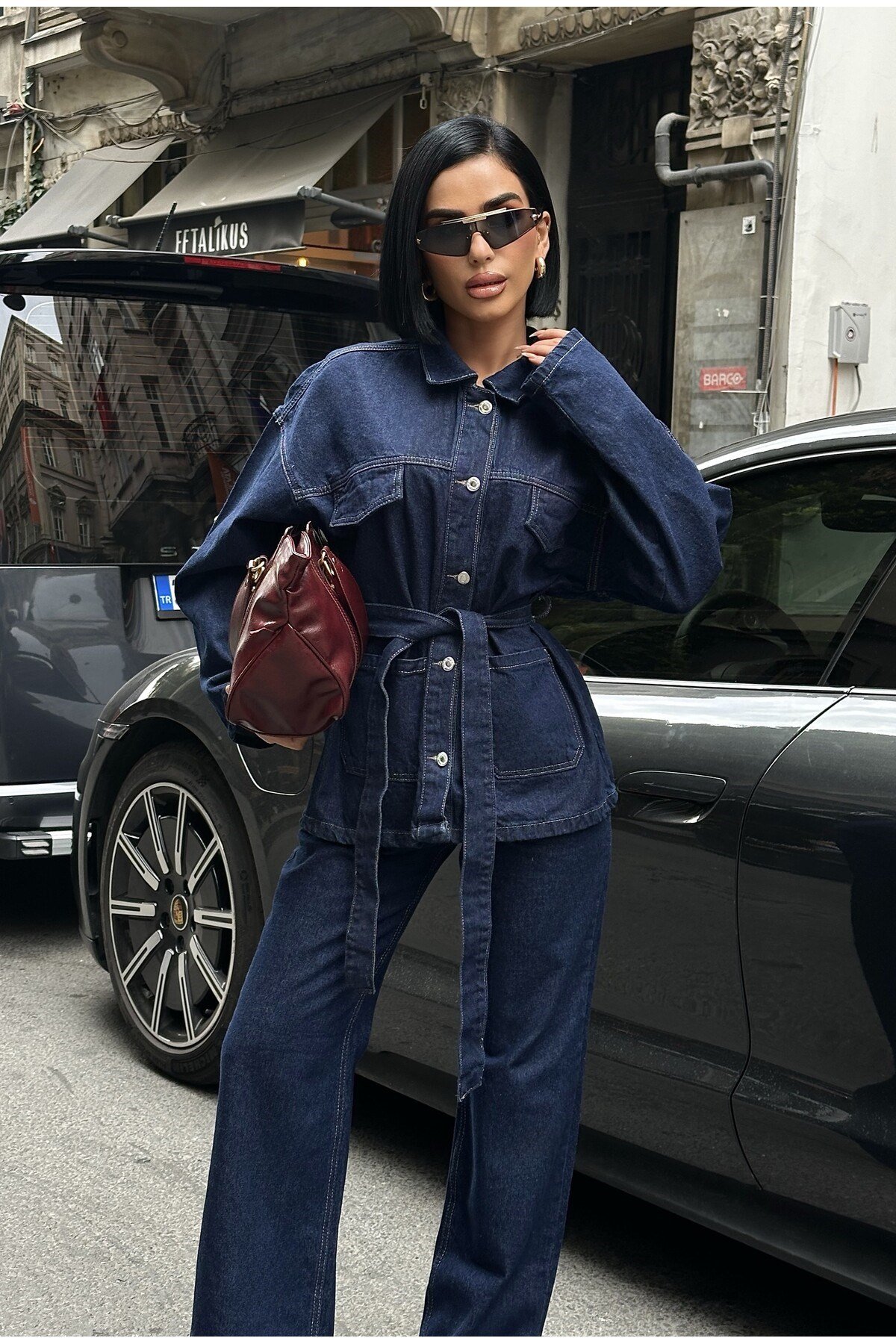 Bağlamalı Denim Takım Oversize Ceket ve Yüksek Bel Pantolon