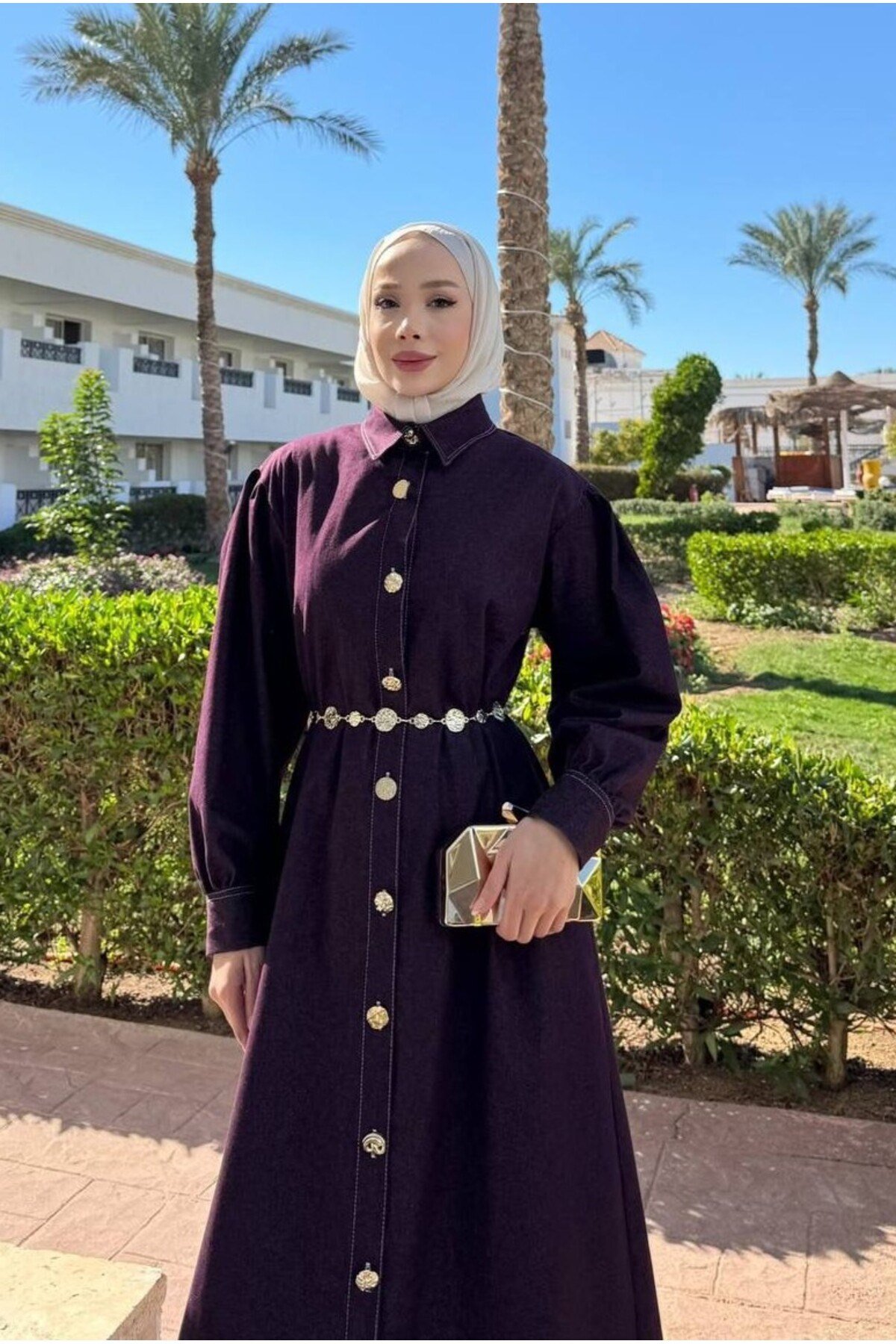 Gold Düğmeli Denim Tesettür Elbise