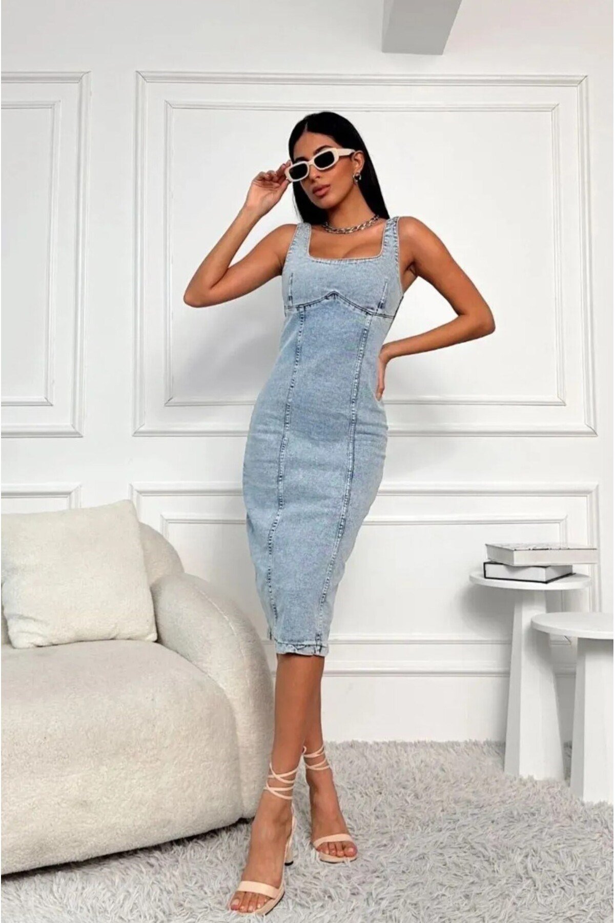 Jean Açık Mavi Askılı Uzun Yırtmaçlı Premium Denim Kot Elbise