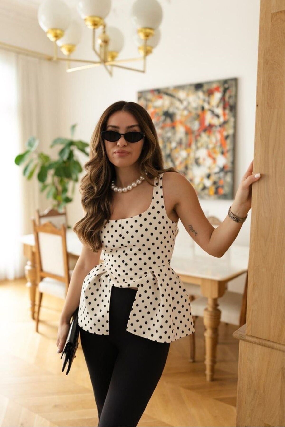 Kadın Askılı Puantiyeli Korse Görünümlü Peplum Bluz