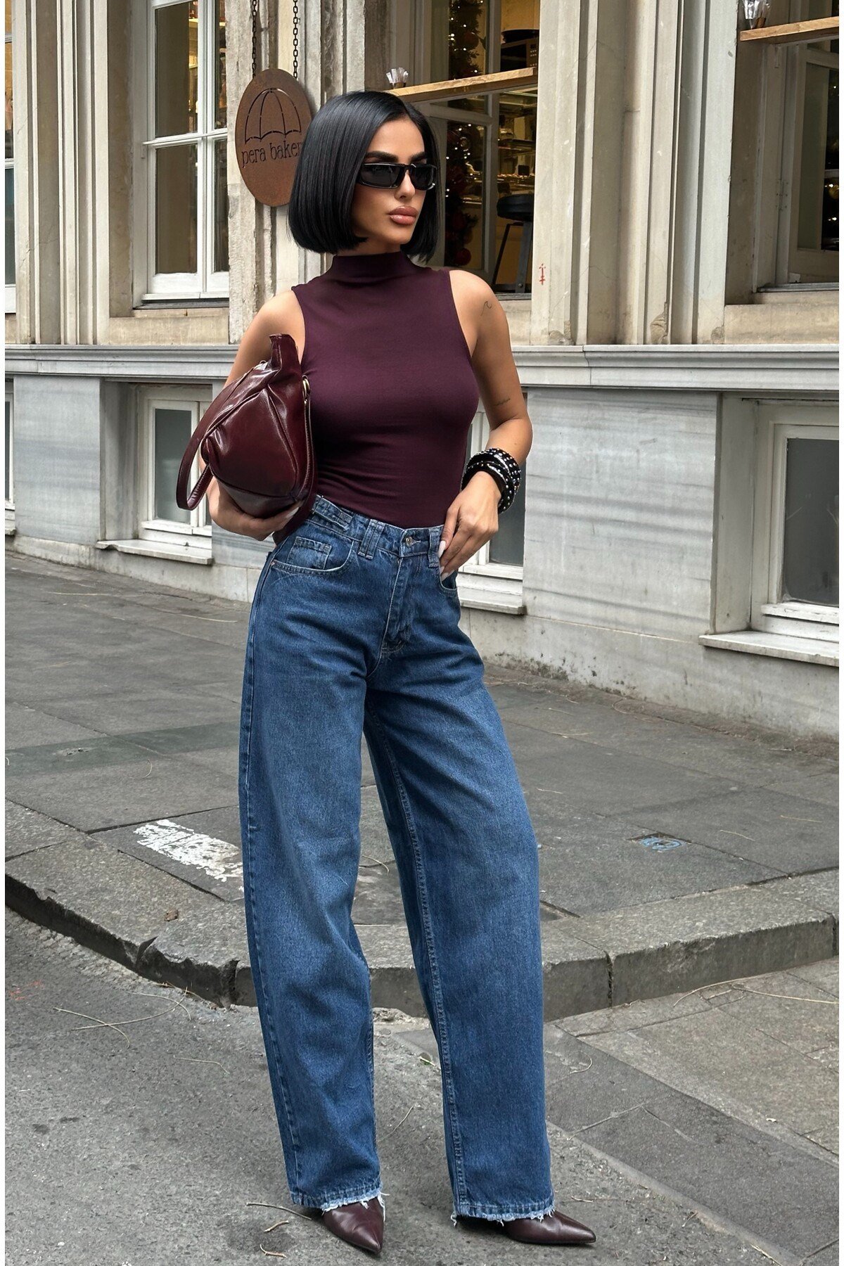 Kadın Baggy Jean Yüksek Bel Palazzo Esnek Kot Pantolon