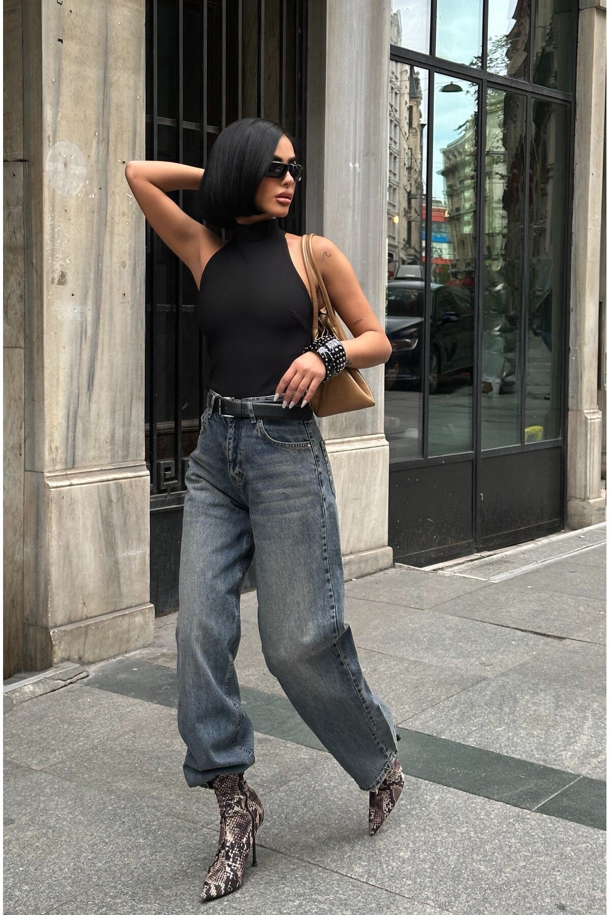 Kadın Baggy Jean Yüksek Bel Palazzo Esnek Kot Pantolon