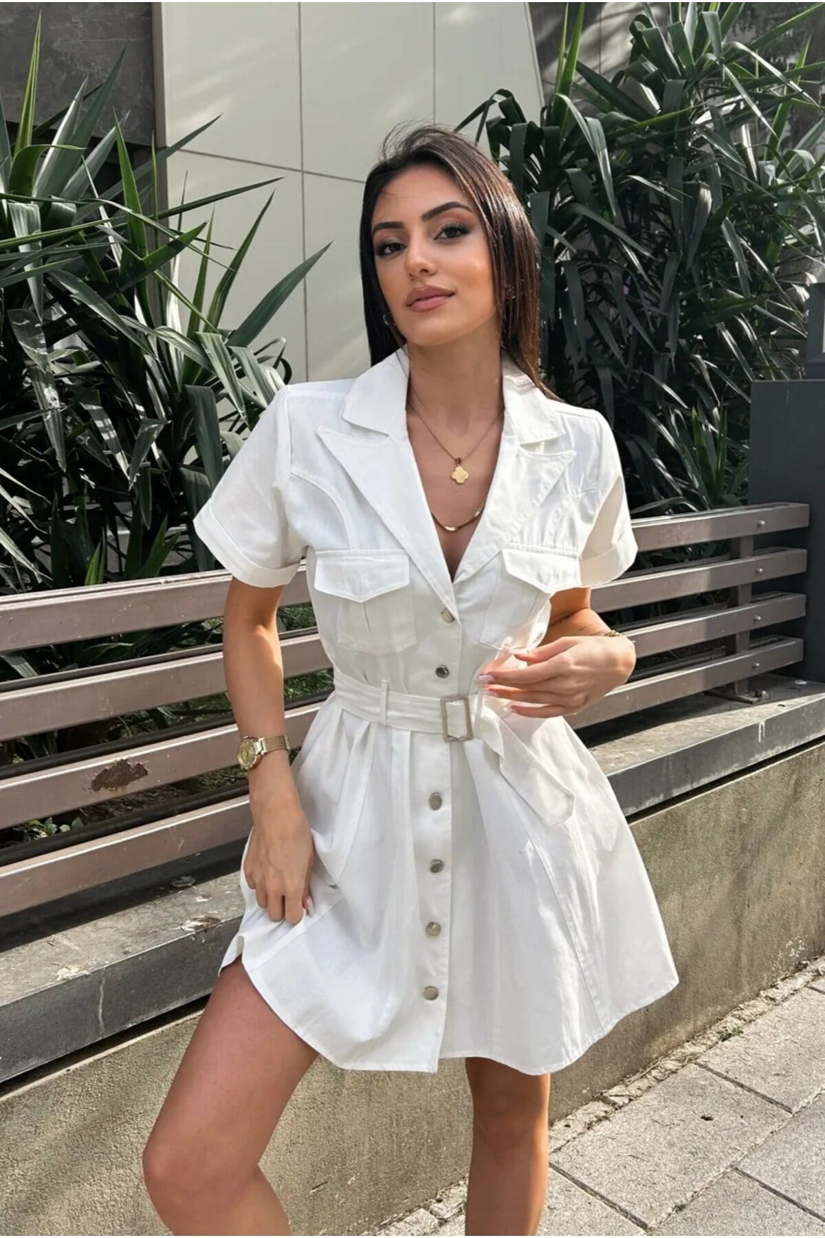 Kadın Beyaz Gabardin Kemerli Elbise