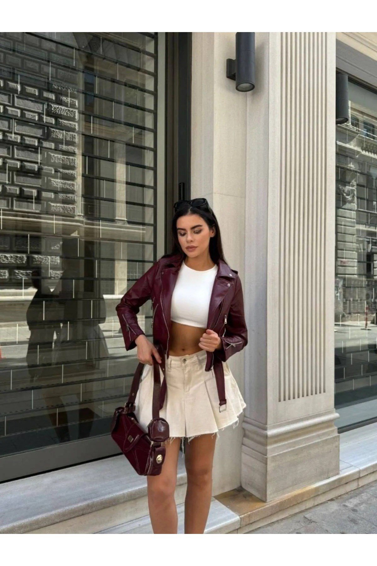 Kadın Bordo Deri Ceket Yeni Model