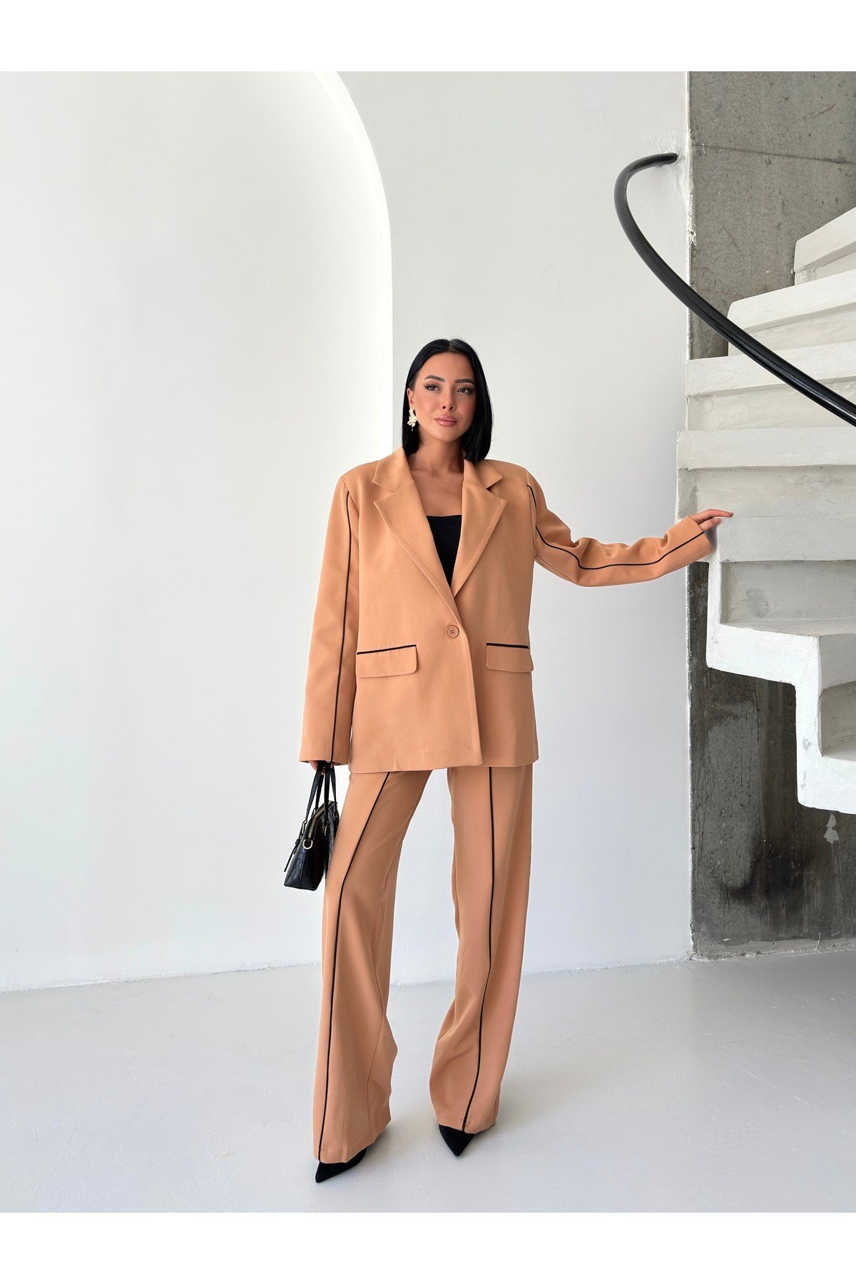Kadın Çizgi Biyeli Blazer Ceket Pantolon Takım Elbise