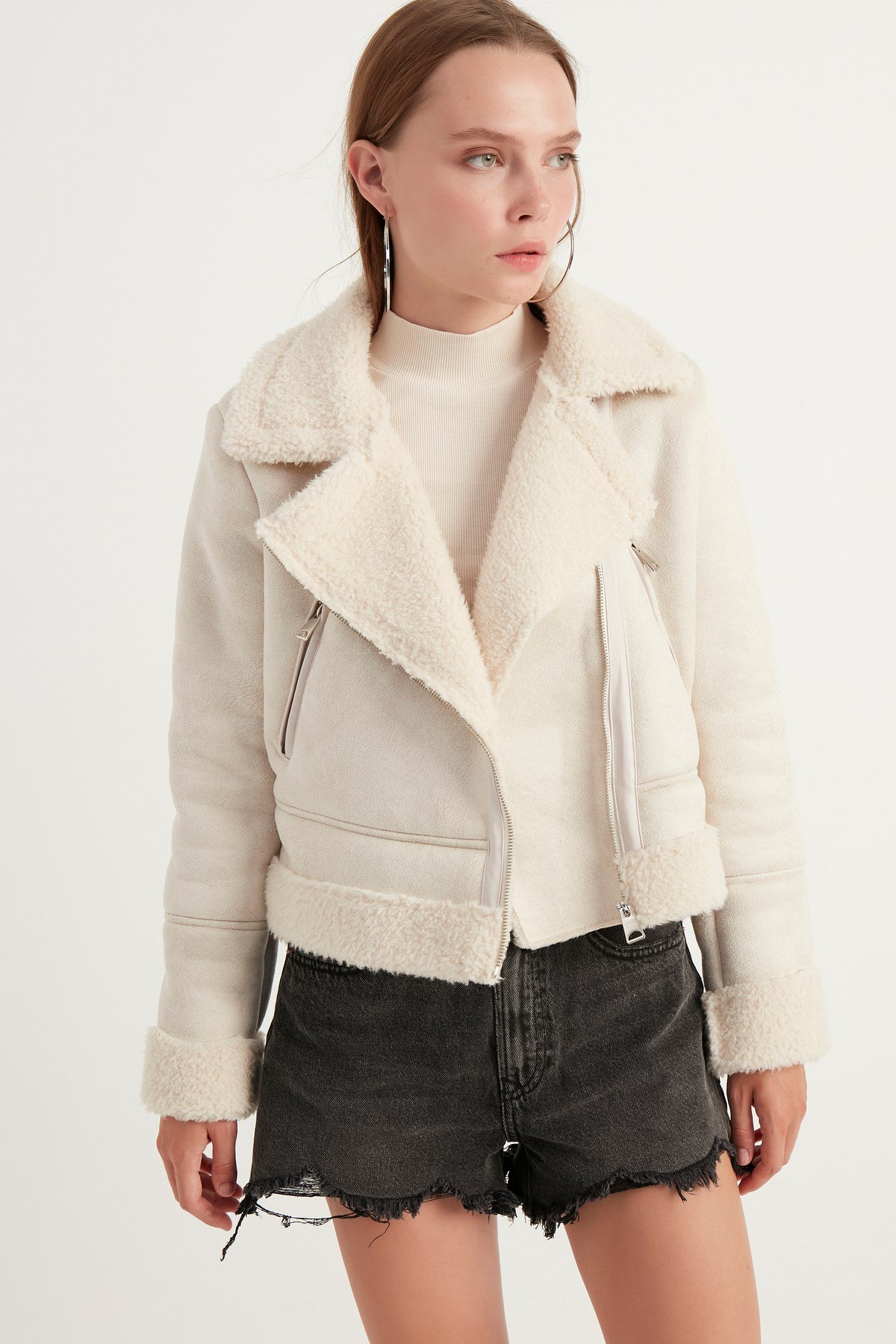Kadın Içi Kürklü Suni Süet Crop Biker Ceket