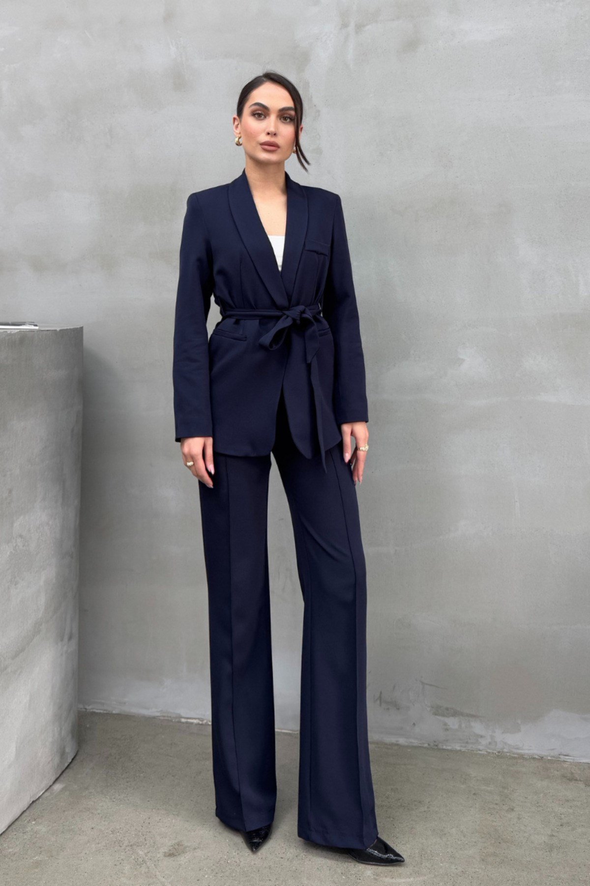 Kadın İkili Kuşaklı Blazer Ceket Pantolon Takım Koyu Lacivert