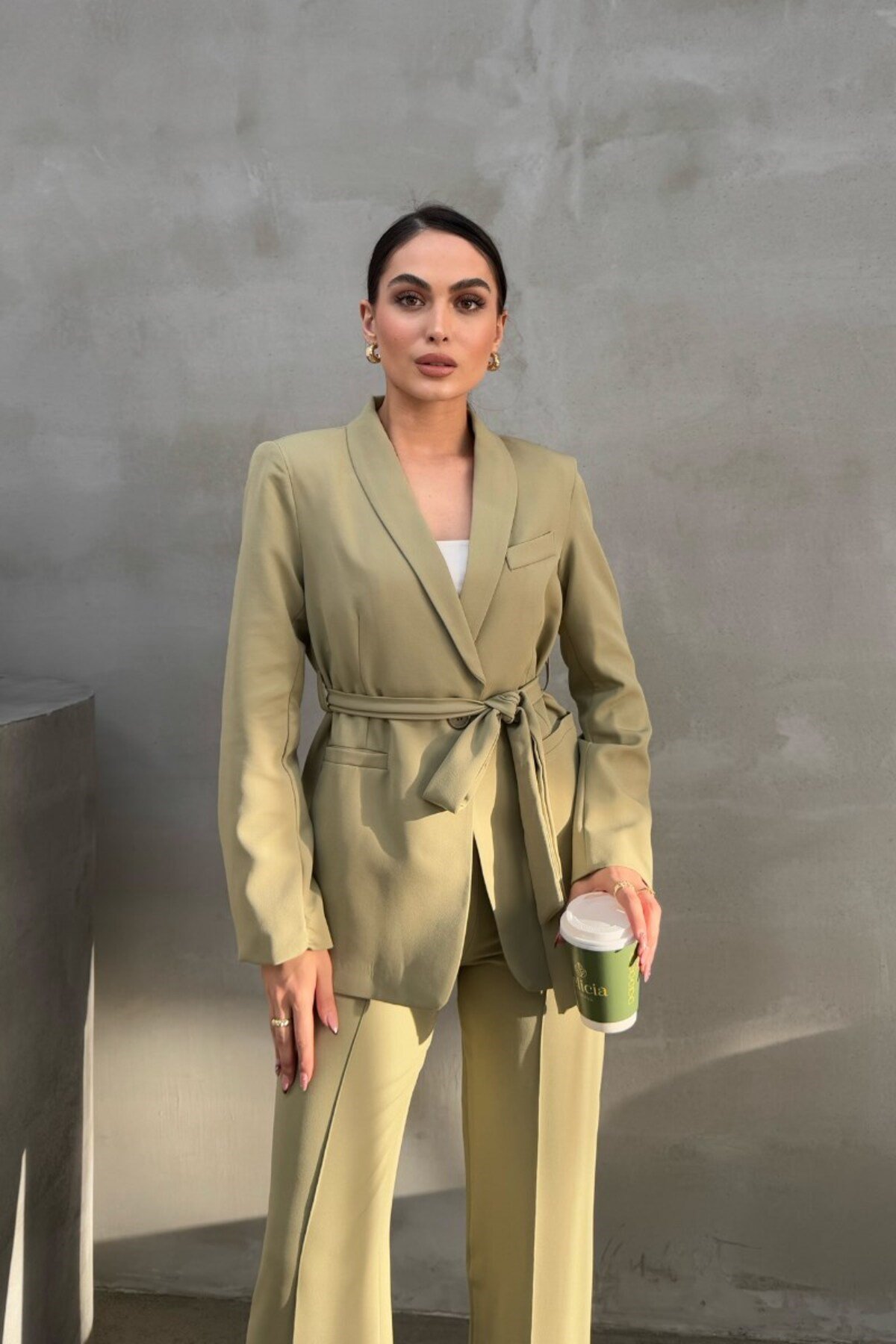 Kadın İkili Kuşaklı Blazer Ceket Pantolon Takım Açık Haki