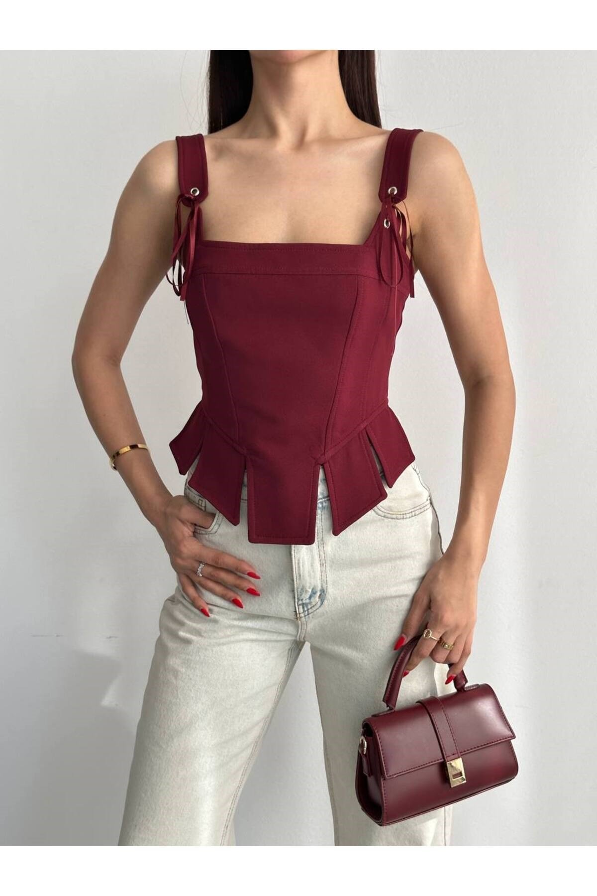 Kadın Kurdele Askılı Korsaj Tasarım Bordo Büstiyer