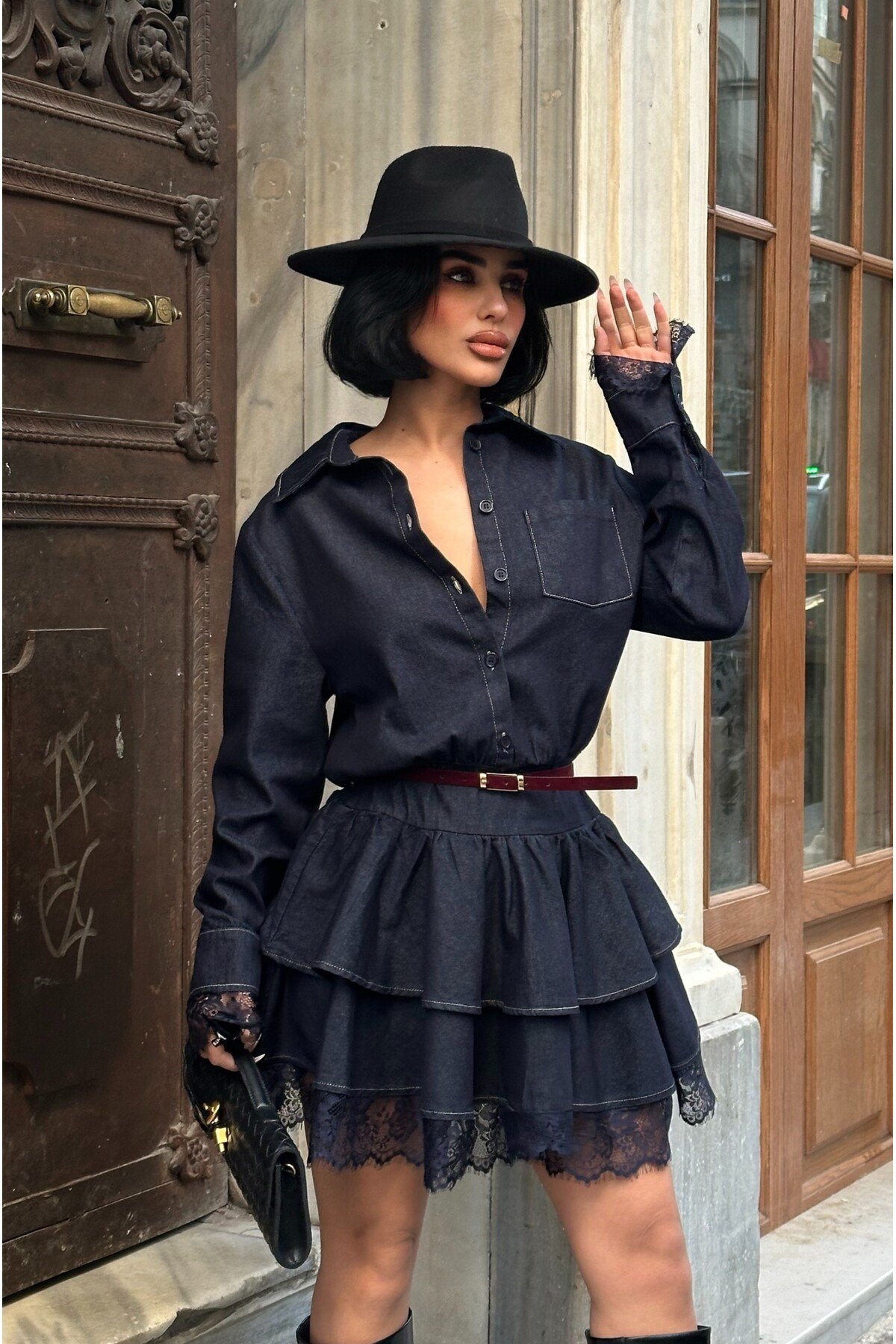 Kadın Lacivert Denim Fırfırlı Mini Elbise