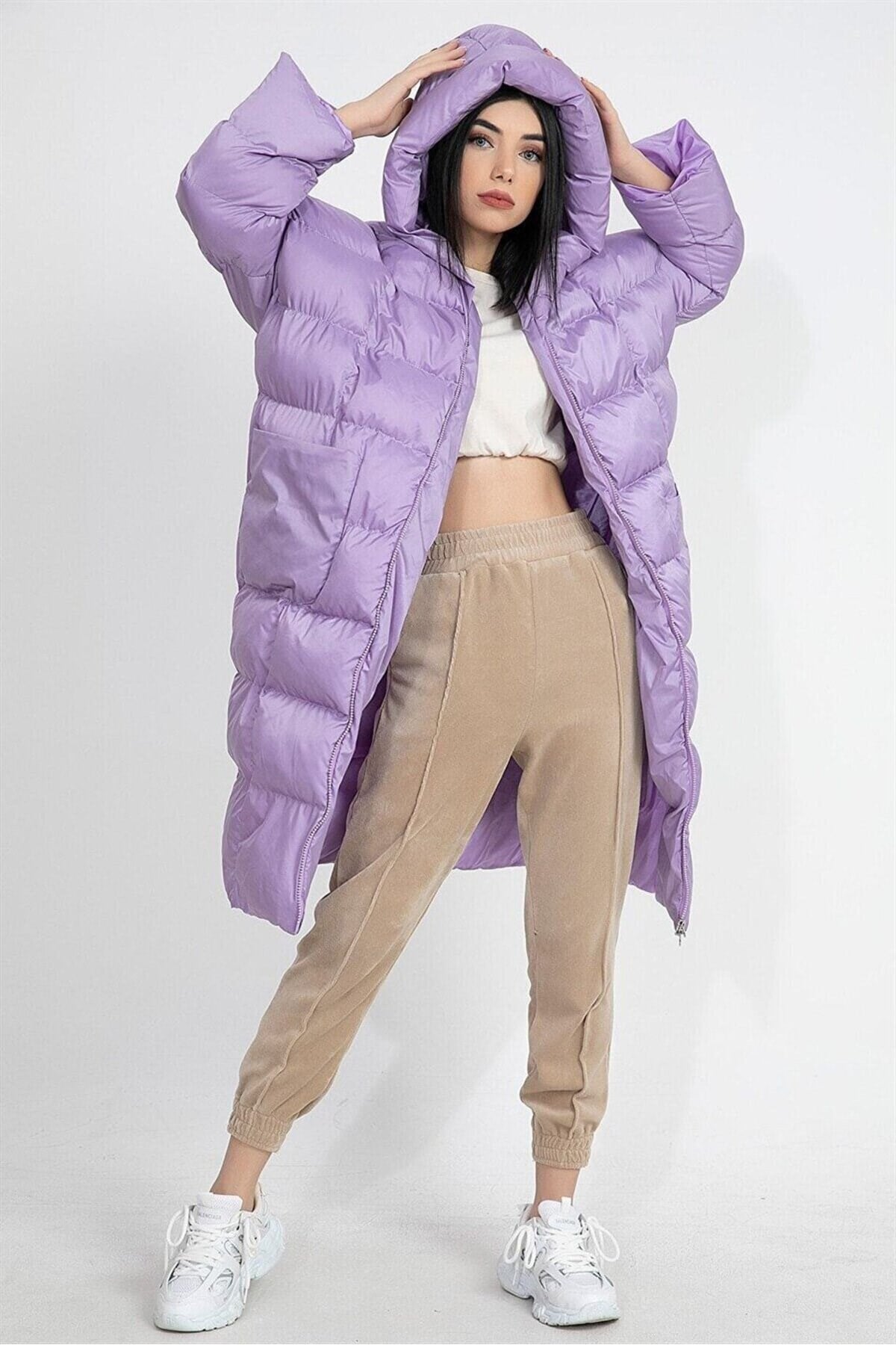 Kadın Lila Kapüşonlu Şişme Uzun Oversize Mont Tg3, one size