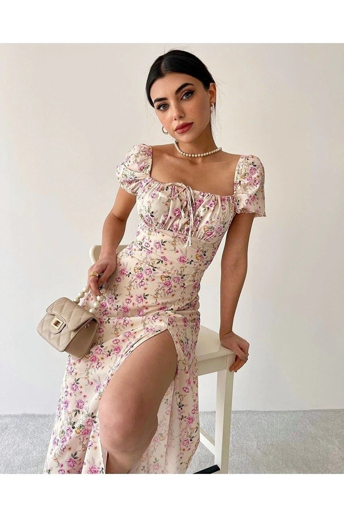Kadın Mavi Pembe Çiçekli Midi Boy Yırtmaçlı Elbise