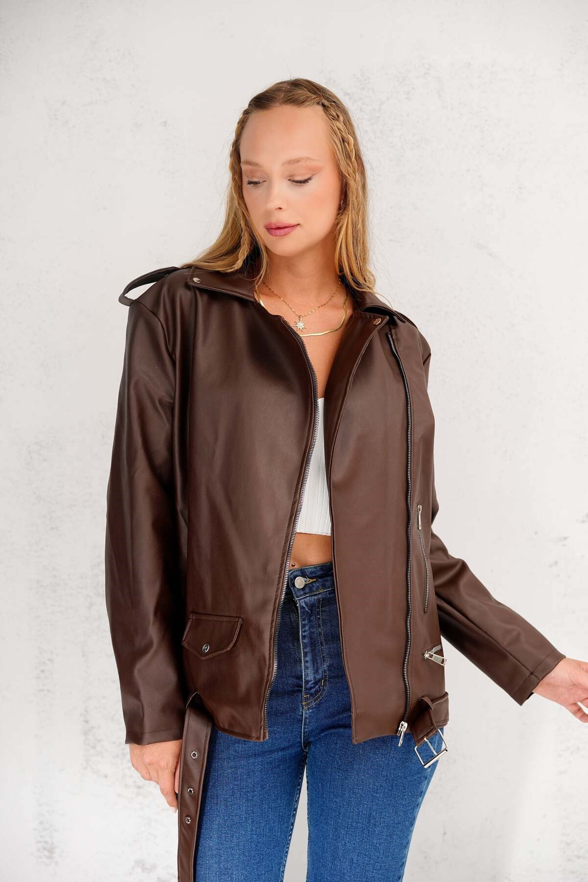 Kadın Oversize Biker Deri Ceket