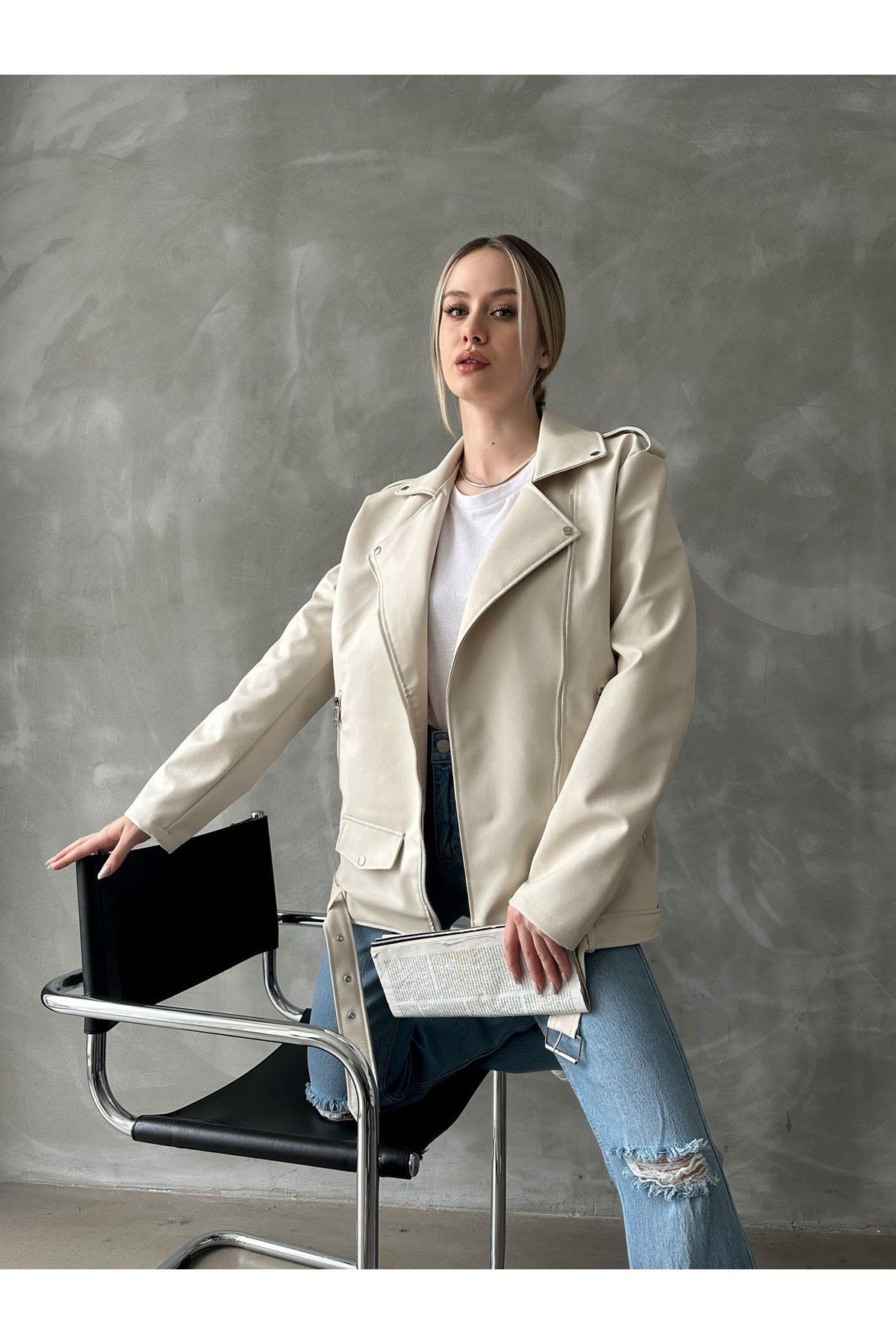 Kadın Oversize Biker Deri Ceket