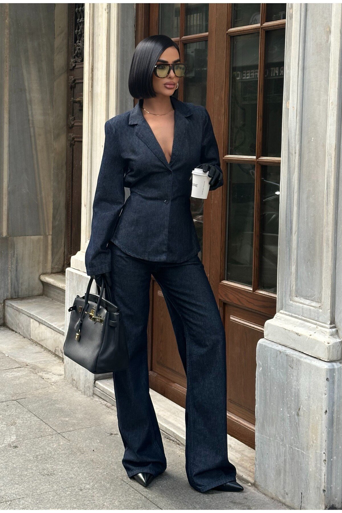 Kadın Premium Kalite Bağlama Detaylı Denim Kot Takım